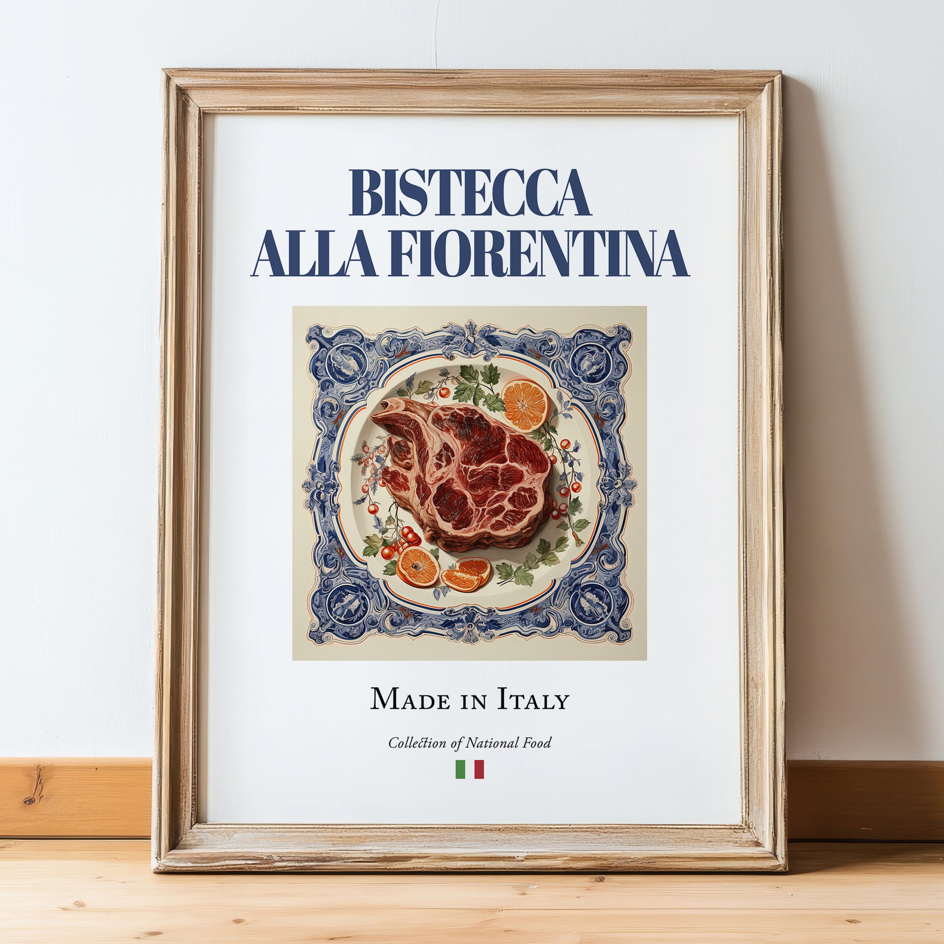 Bistecca alla Fiorentina – Italian Meat Dish, Fine Dining Restaurant Poster, in wooden frame leaning on the floor