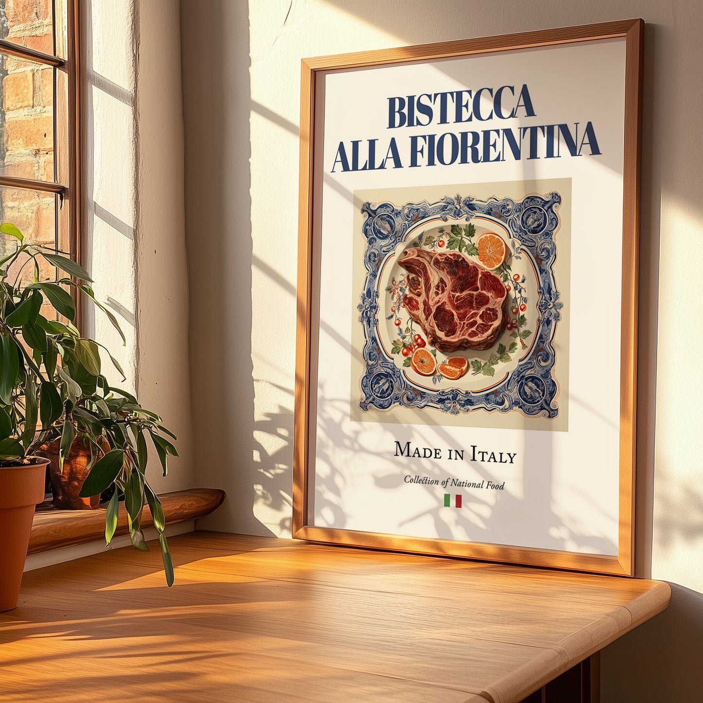 Bistecca alla Fiorentina – Italian Meat Dish, Fine Dining Restaurant Poster, no-text version framed in wood