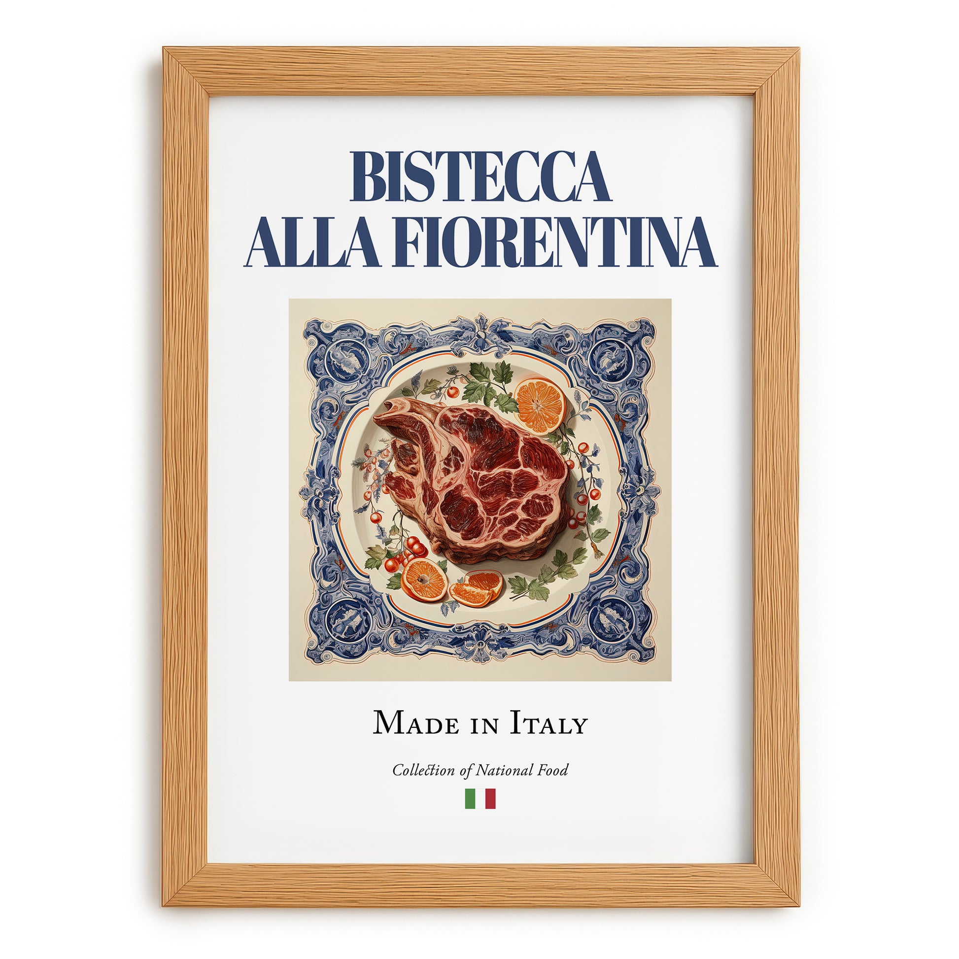 Bistecca alla Fiorentina – Italian Meat Dish, Fine Dining Restaurant Poster, set in oak frame