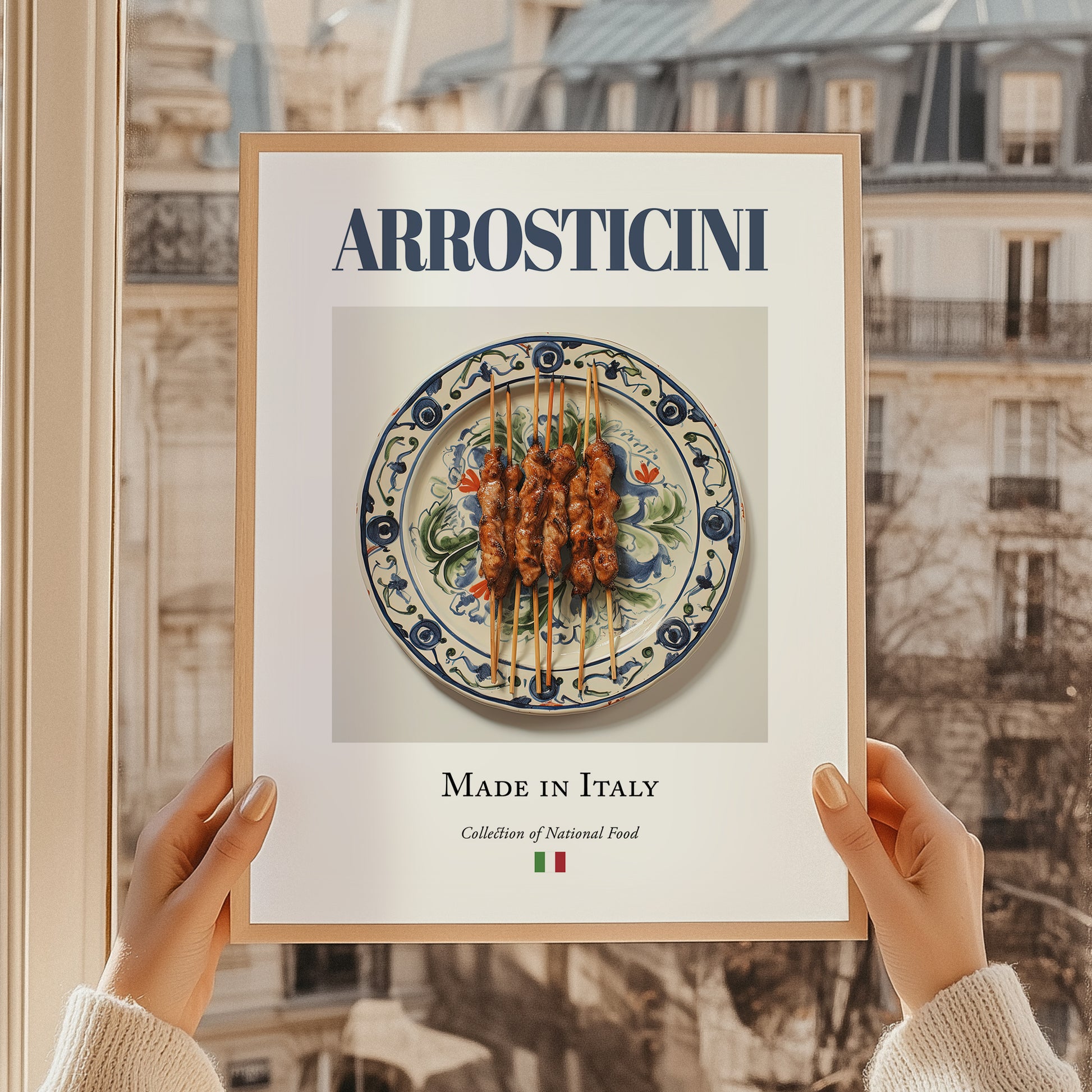 Arrosticini – Italian Meat Dish, Restaurant Poster, styled in a charming Paris street view