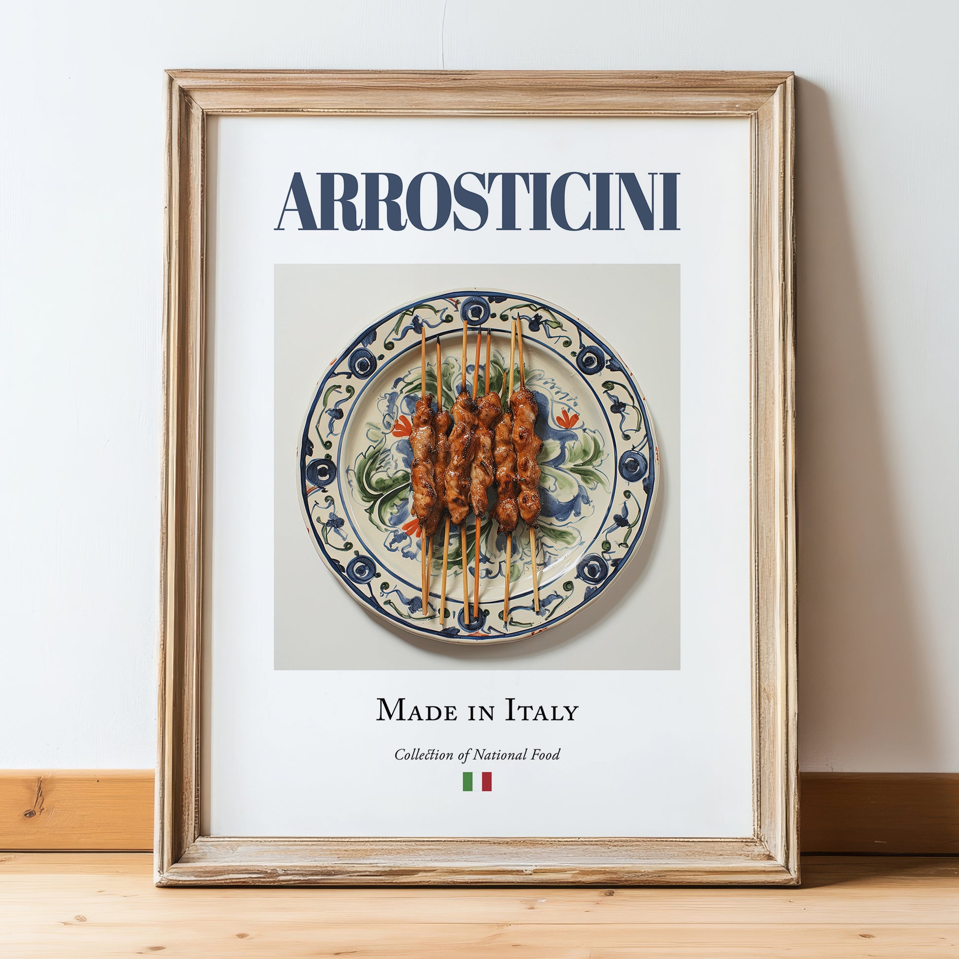 Arrosticini – Italian Meat Dish, Restaurant Poster, in wooden frame leaning on the floor