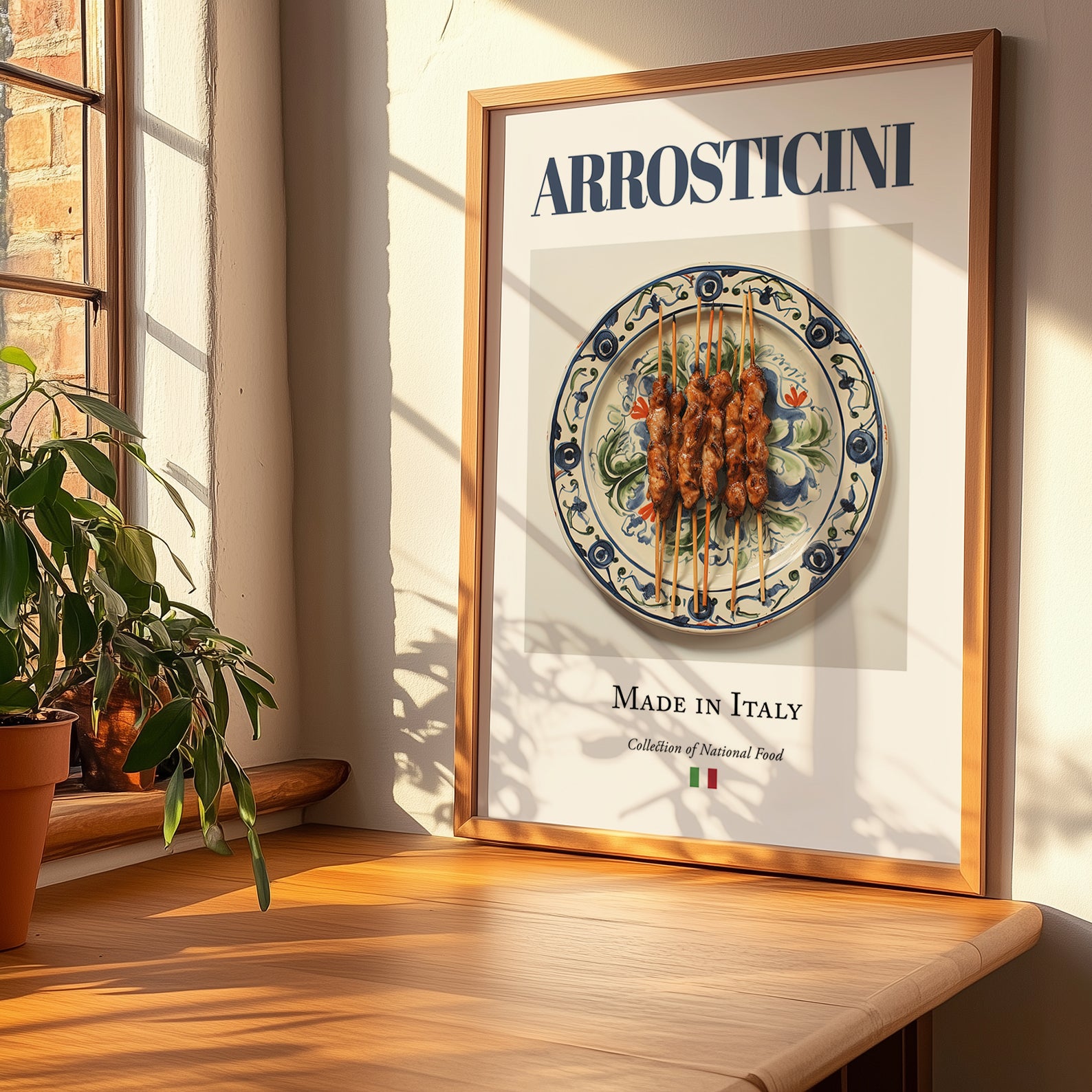 Arrosticini – Italian Meat Dish, Restaurant Poster, no-text version framed in wood