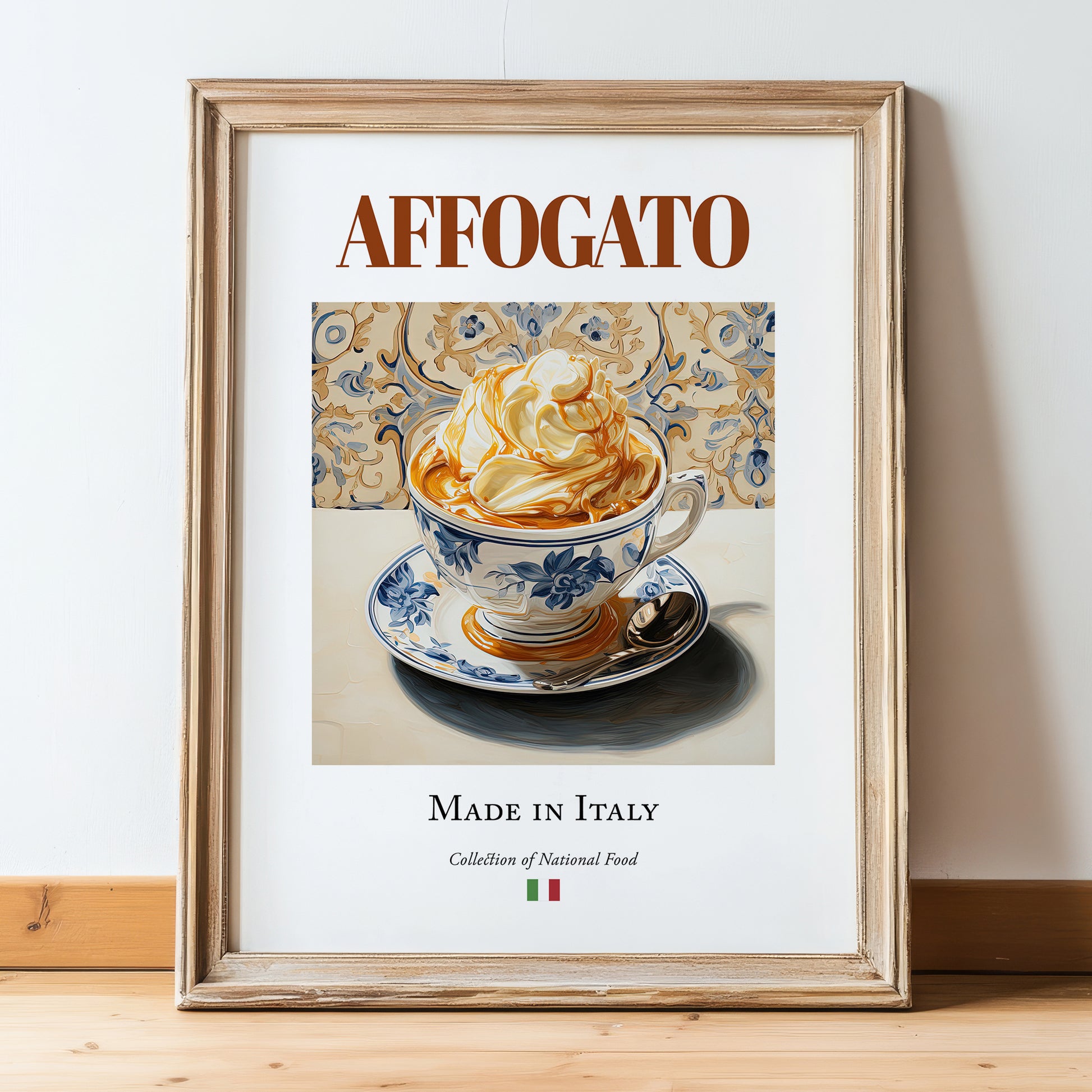 Affogato – Italian Dessert Dish, Farmhouse Kitchen Art, in wooden frame leaning on the floor