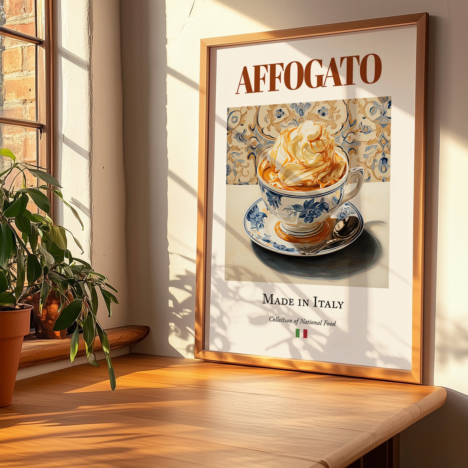 Affogato – Italian Dessert Dish, Farmhouse Kitchen Art, no-text version framed in wood