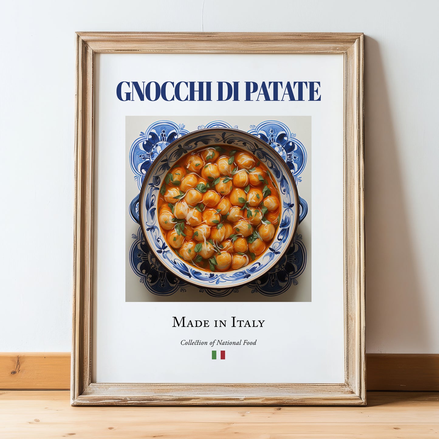 Gnocchi di Patate – Italian Dish, Café Still Life, in wooden frame leaning on the floor