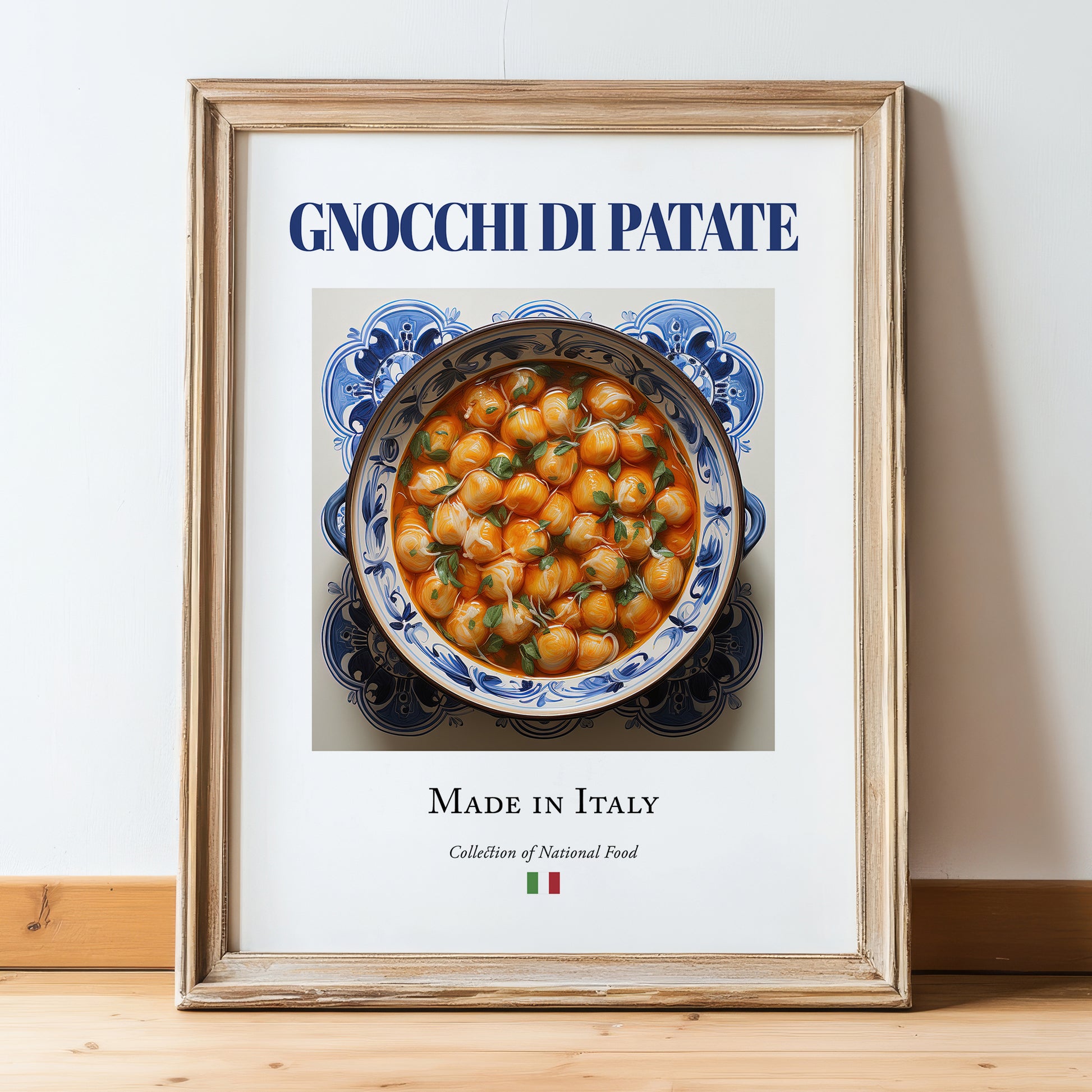 Gnocchi di Patate – Italian Dish, Café Still Life, in wooden frame leaning on the floor