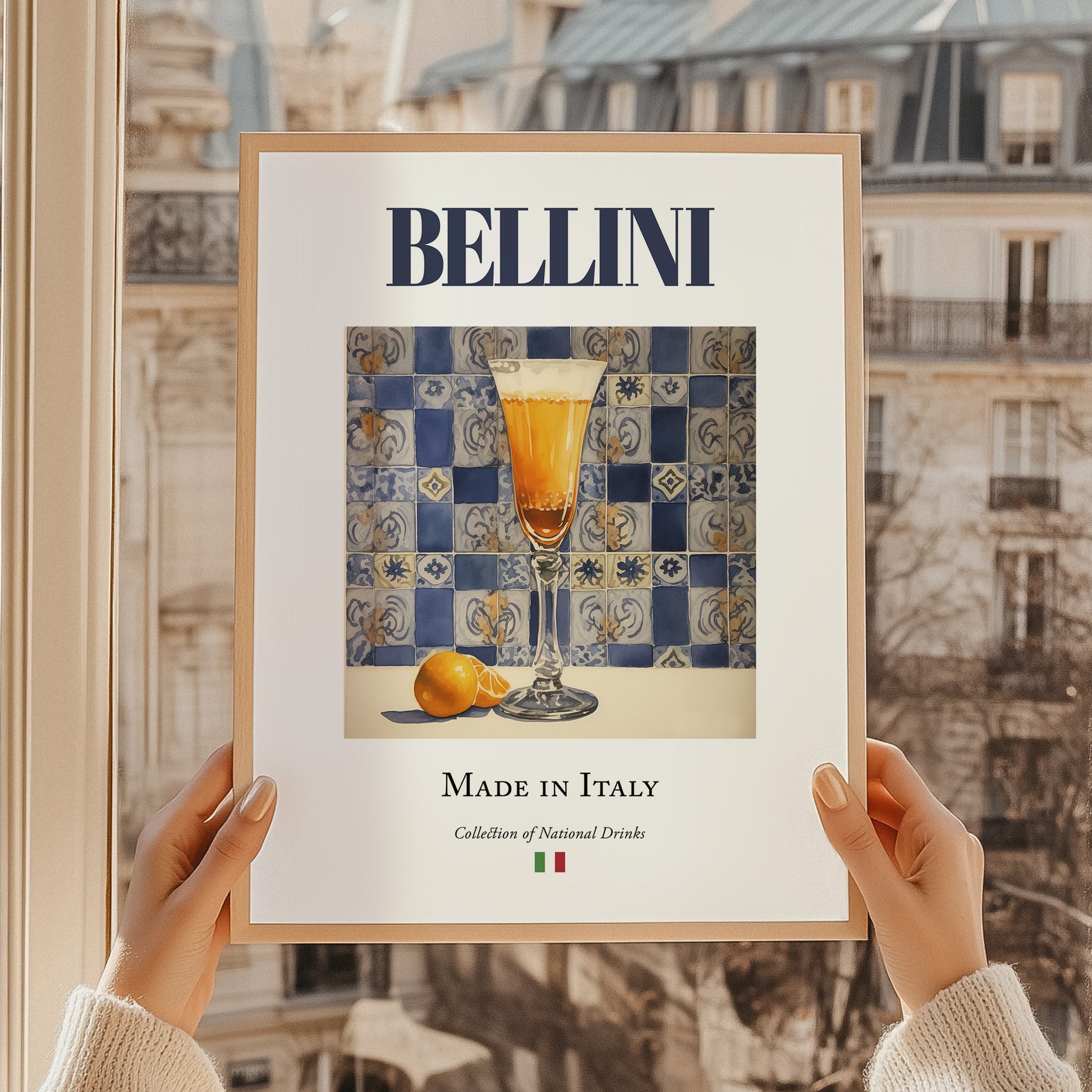 Bellini – Italian Cocktail Drink, Cocktail Lounge Print, styled in a charming Paris street view