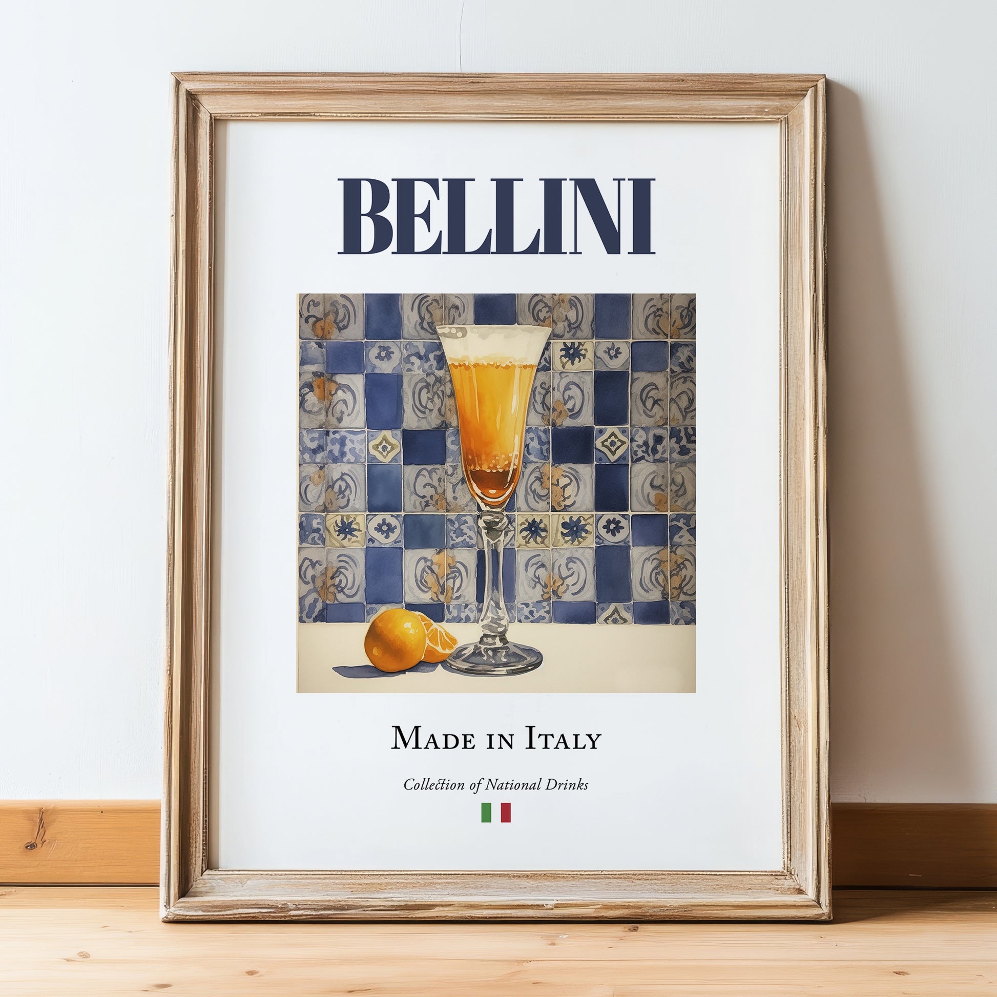 Bellini – Italian Cocktail Drink, Cocktail Lounge Print, in wooden frame leaning on the floor