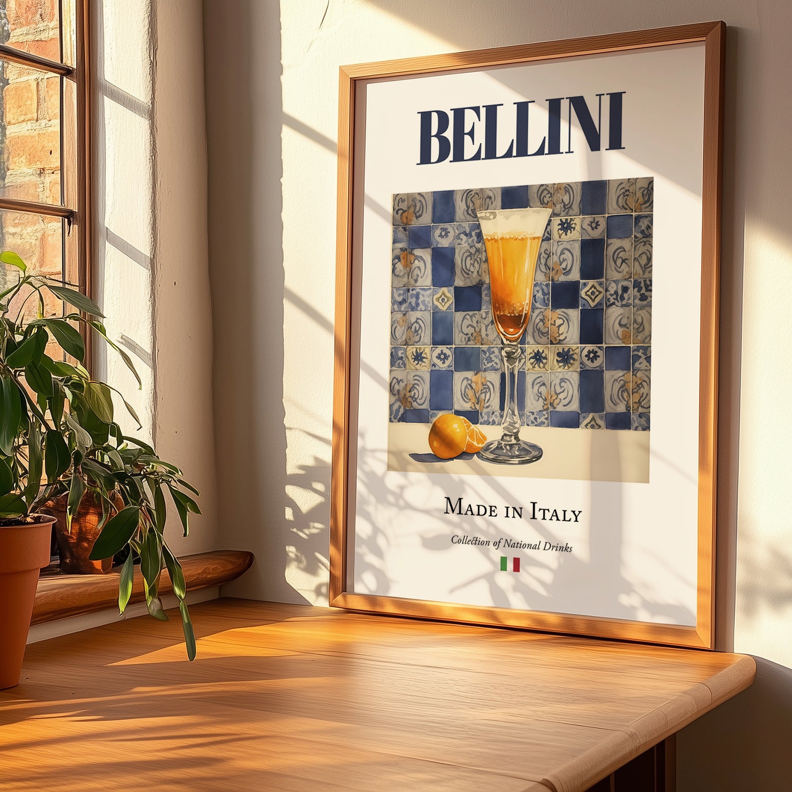 Bellini – Italian Cocktail Drink, Cocktail Lounge Print, no-text version framed in wood