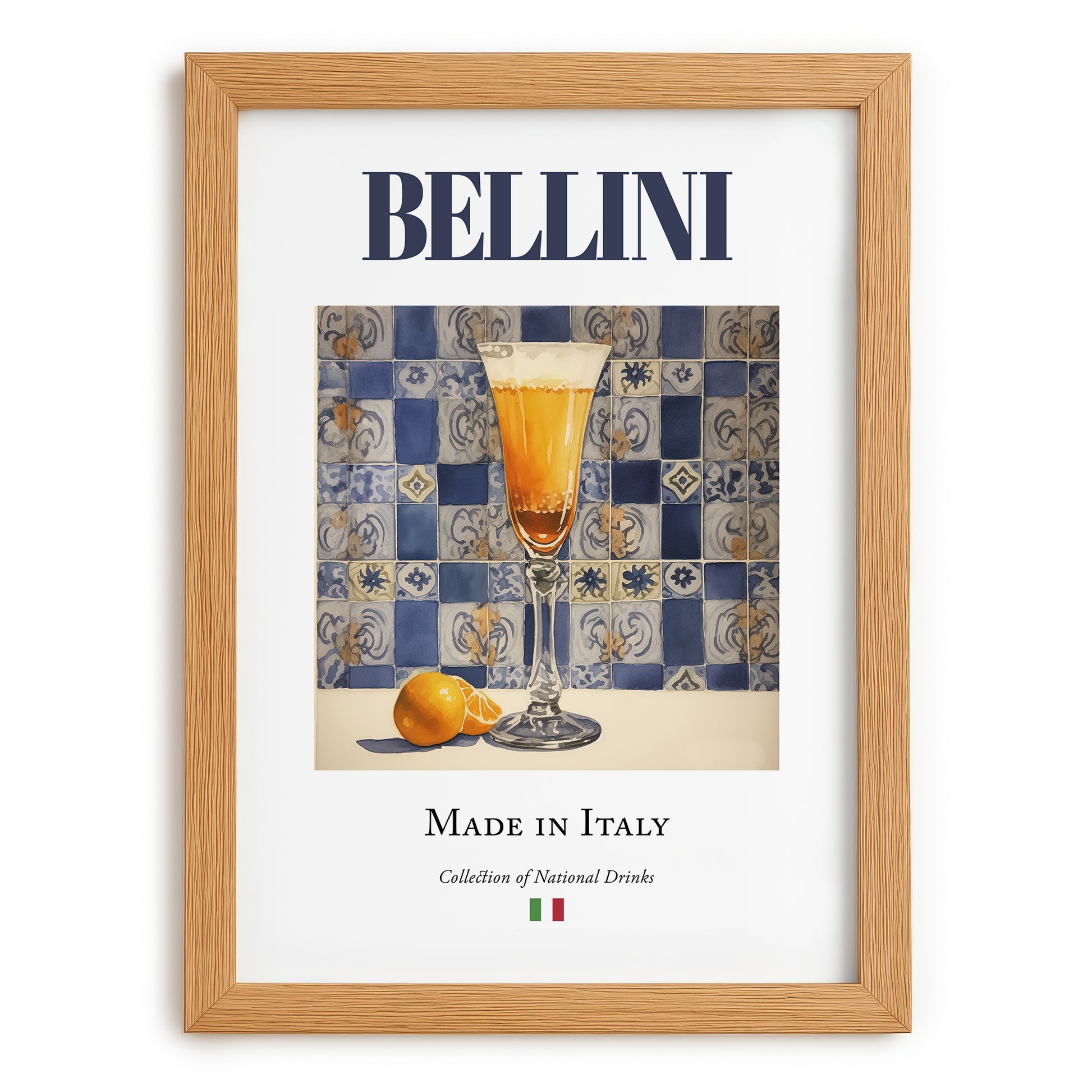 Bellini – Italian Cocktail Drink, Cocktail Lounge Print, set in oak frame