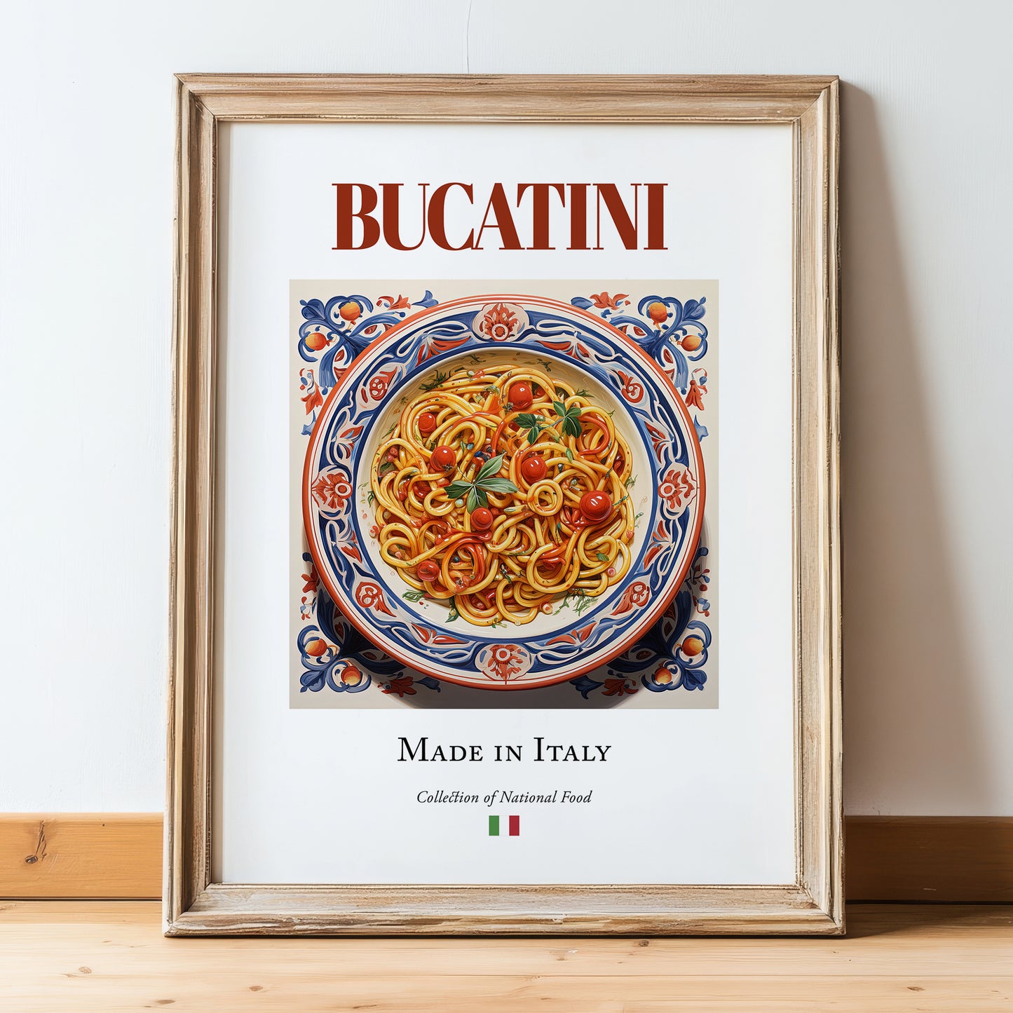 Bucatini – Italian Pasta, Ristorante Painting, in wooden frame leaning on the floor