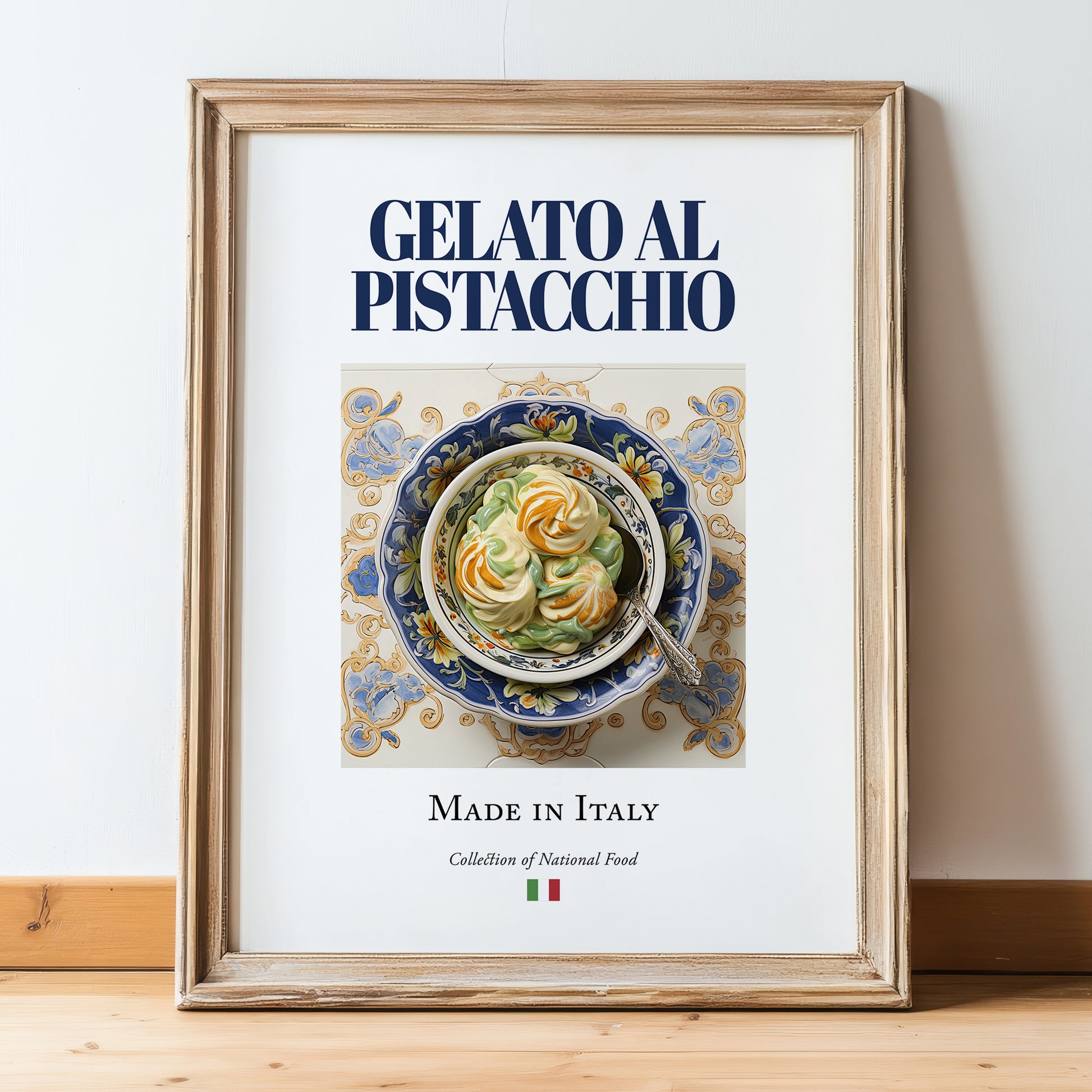 Gelato al pistacchio – Italian Dessert Dish, Brasserie Print, in wooden frame leaning on the floor