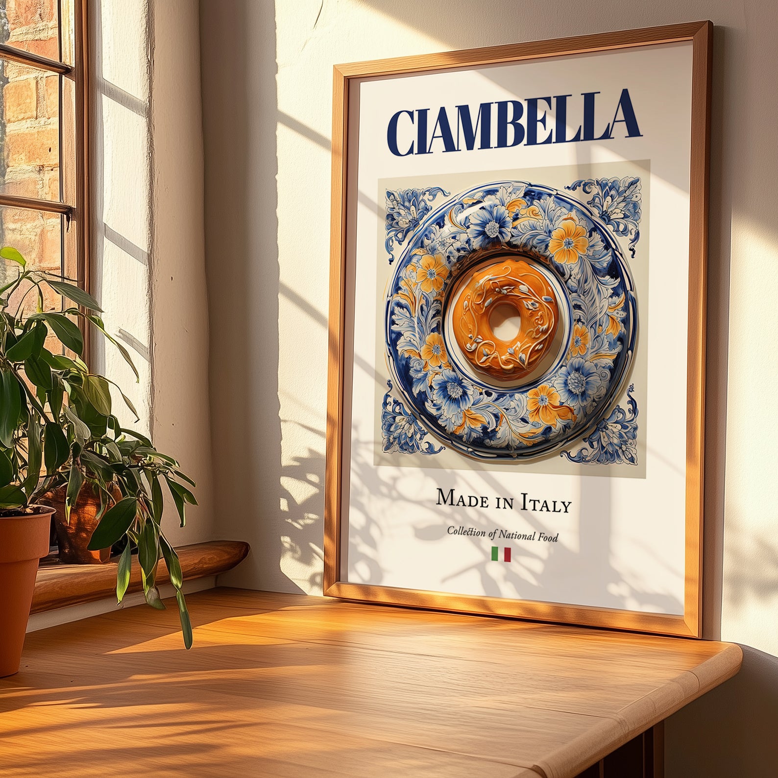 Ciambella – Italian Dessert Dish, Farmhouse Kitchen Wall Art, no-text version framed in wood