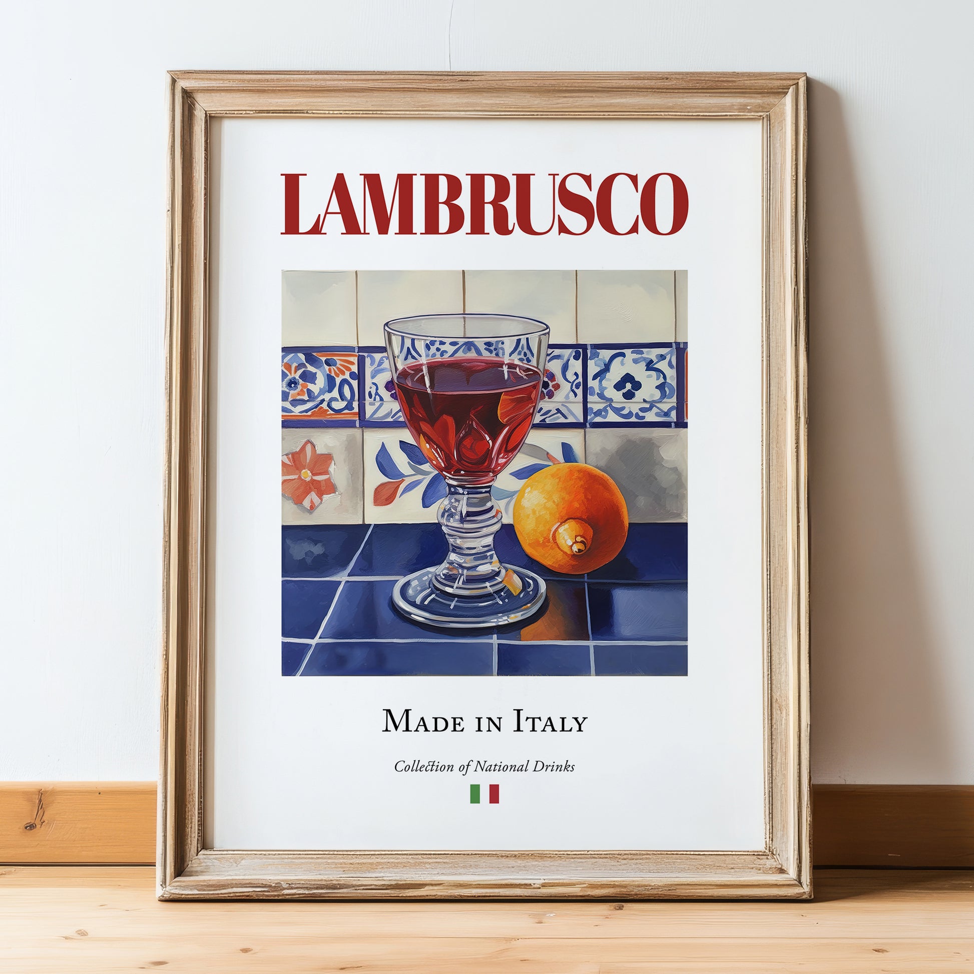 Lambrusco – Italian Sparkling Wine, Vinoteca Art, in wooden frame leaning on the floor