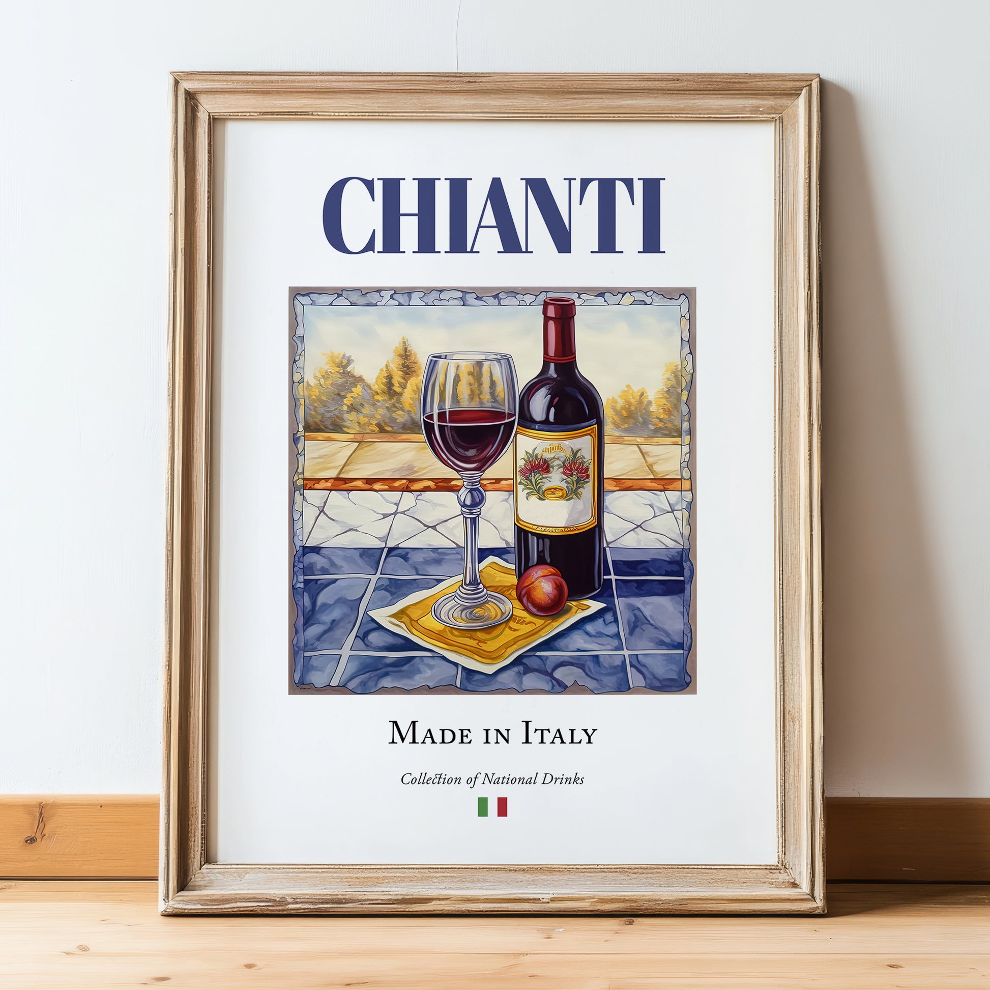 Chianti – Italian Red Wine, Wine Bar Poster, in wooden frame leaning on the floor