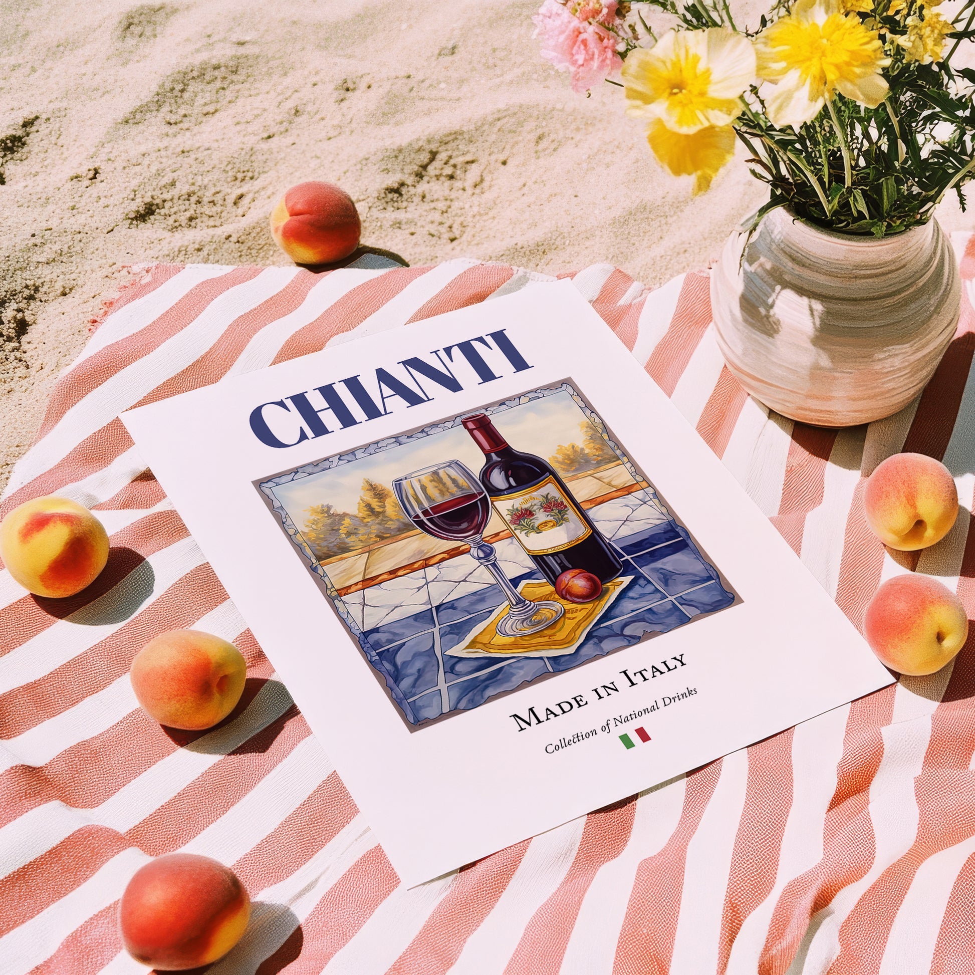 Chianti – Italian Red Wine, Wine Bar Poster, unframed on coastal sand