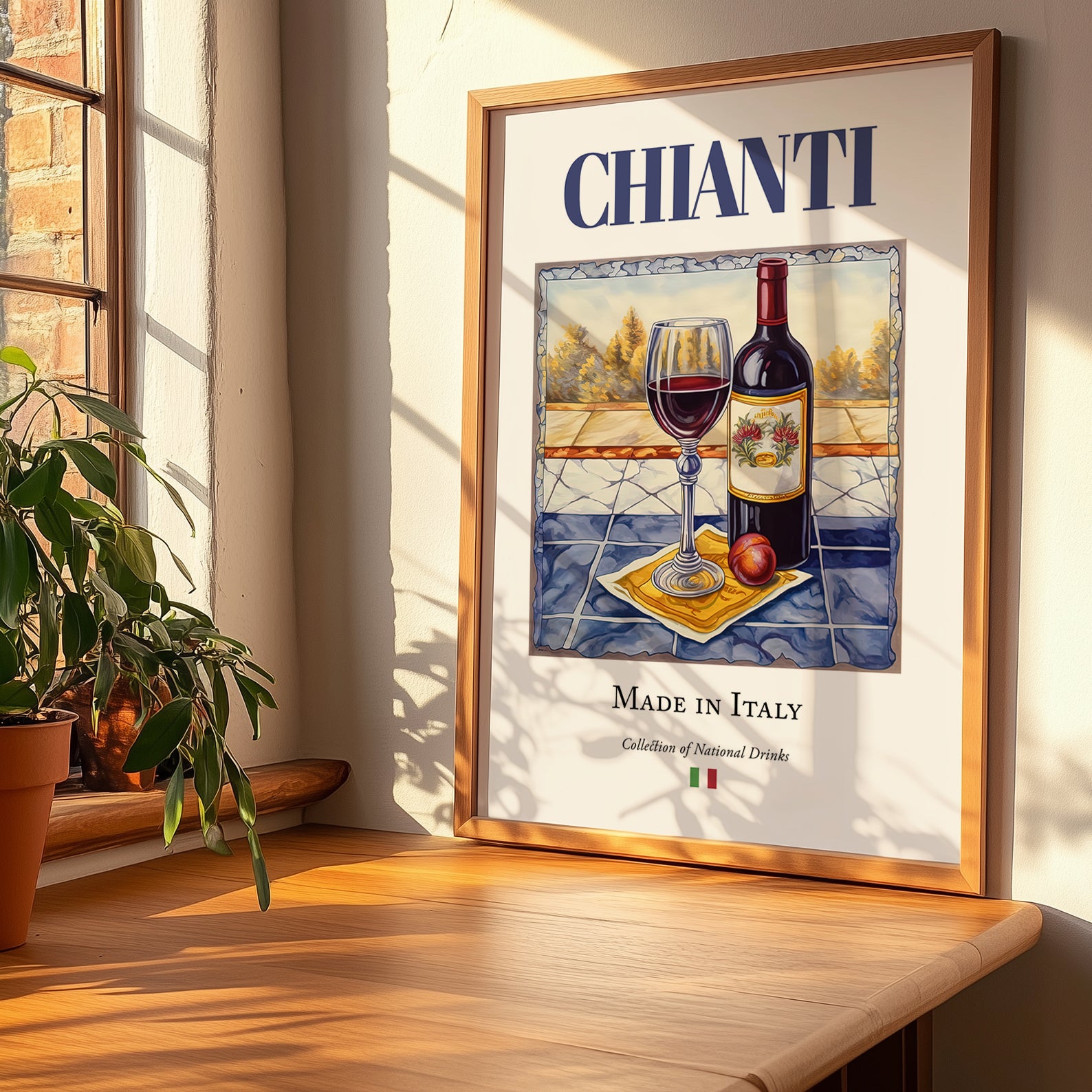 Chianti – Italian Red Wine, Wine Bar Poster, no-text version framed in wood
