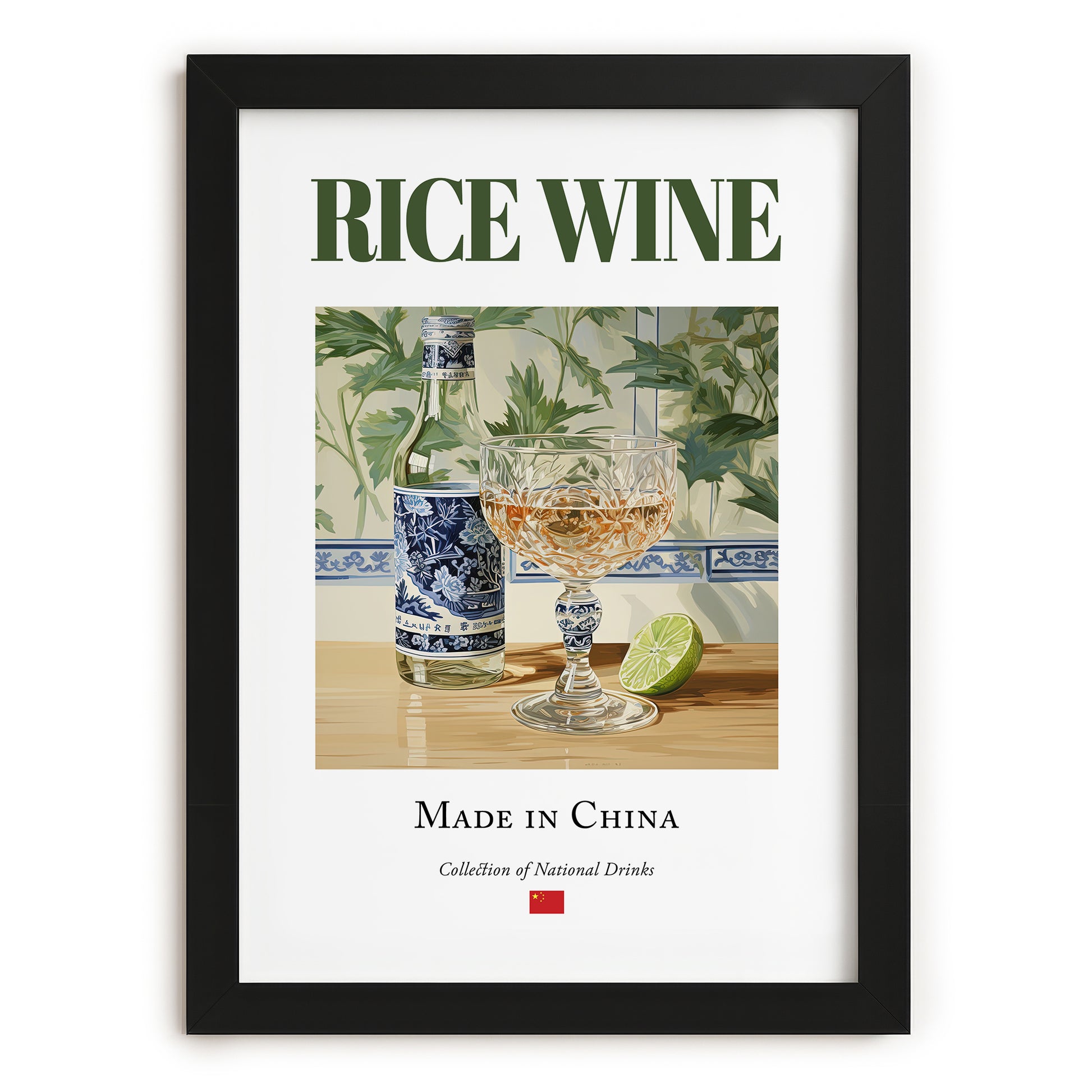 Rice Wine – Chinese Wine, Wine Bar Painting, in sleek black frame