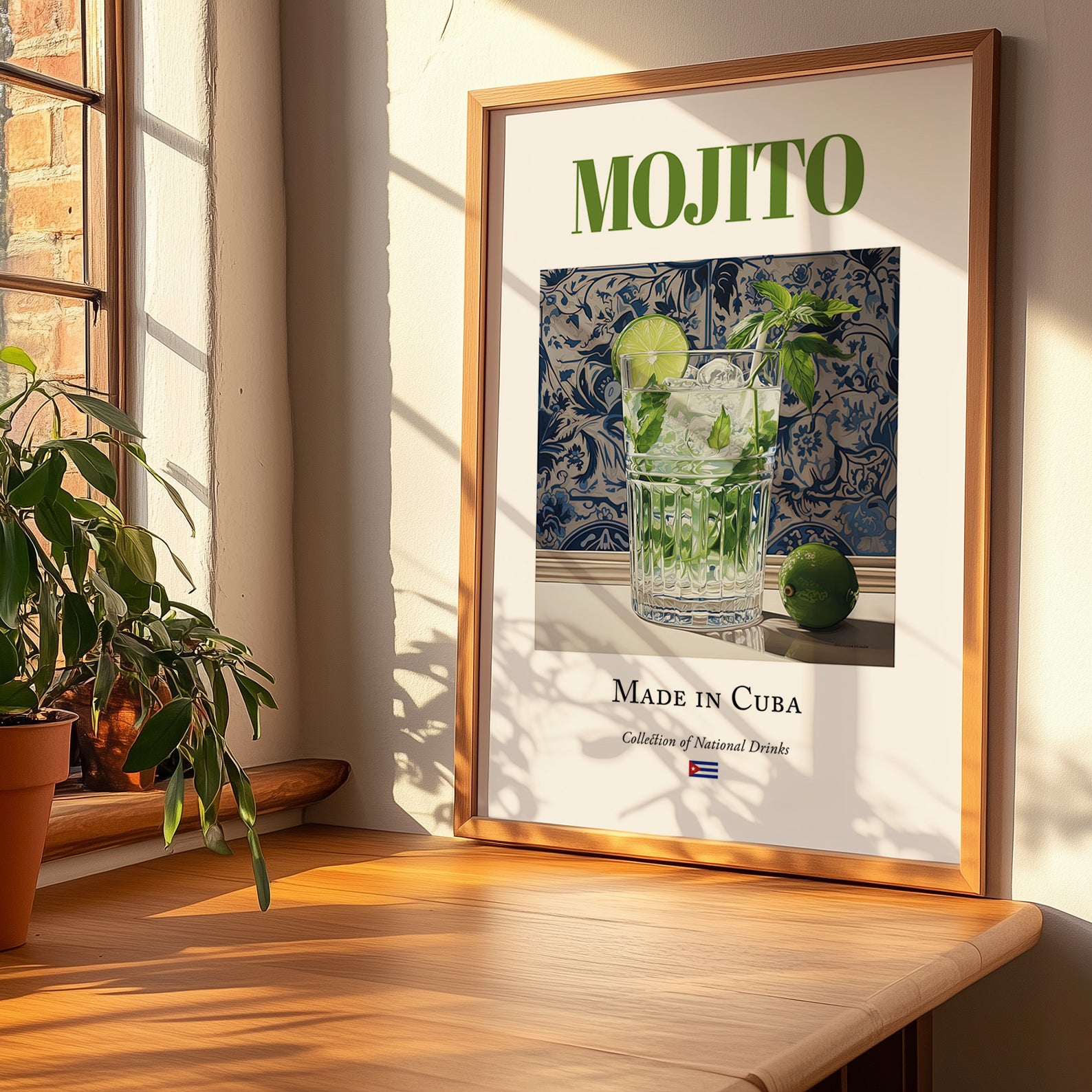 Mojito – Cuban Cocktail Drink, Rooftop Terrace Print, no-text version framed in wood