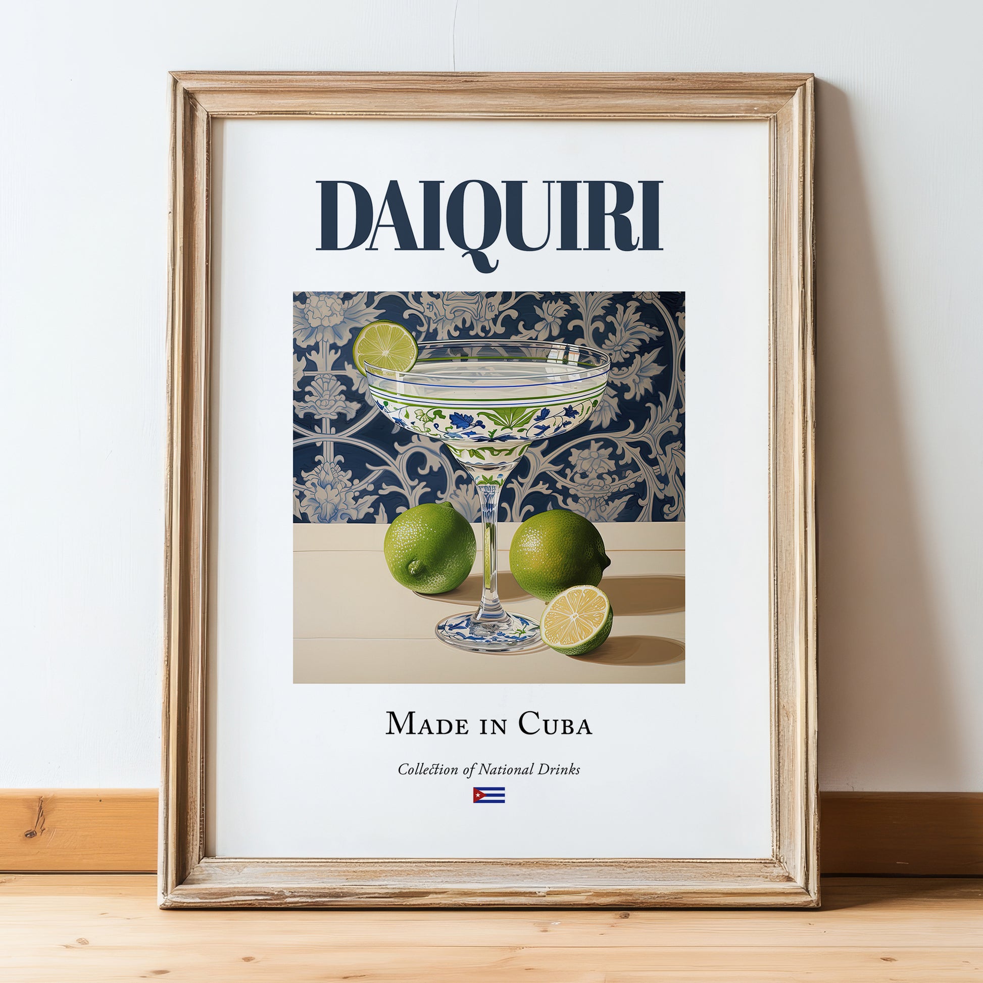 Daiquiri – Cuban Cocktail Drink, Rooftop Terrace Print, in wooden frame leaning on the floor