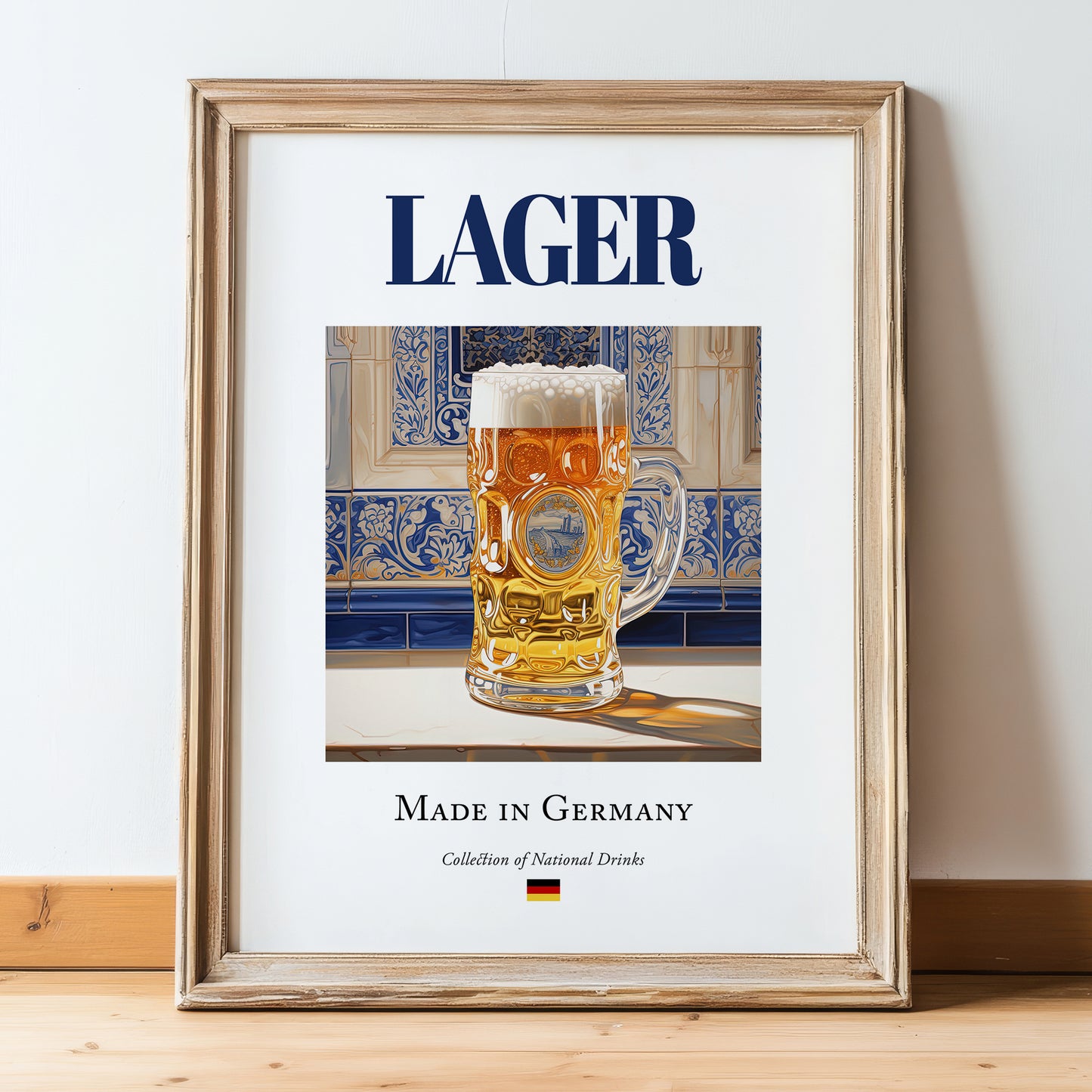 Lager – German Beer, Brauhaus Still Life, in wooden frame leaning on the floor