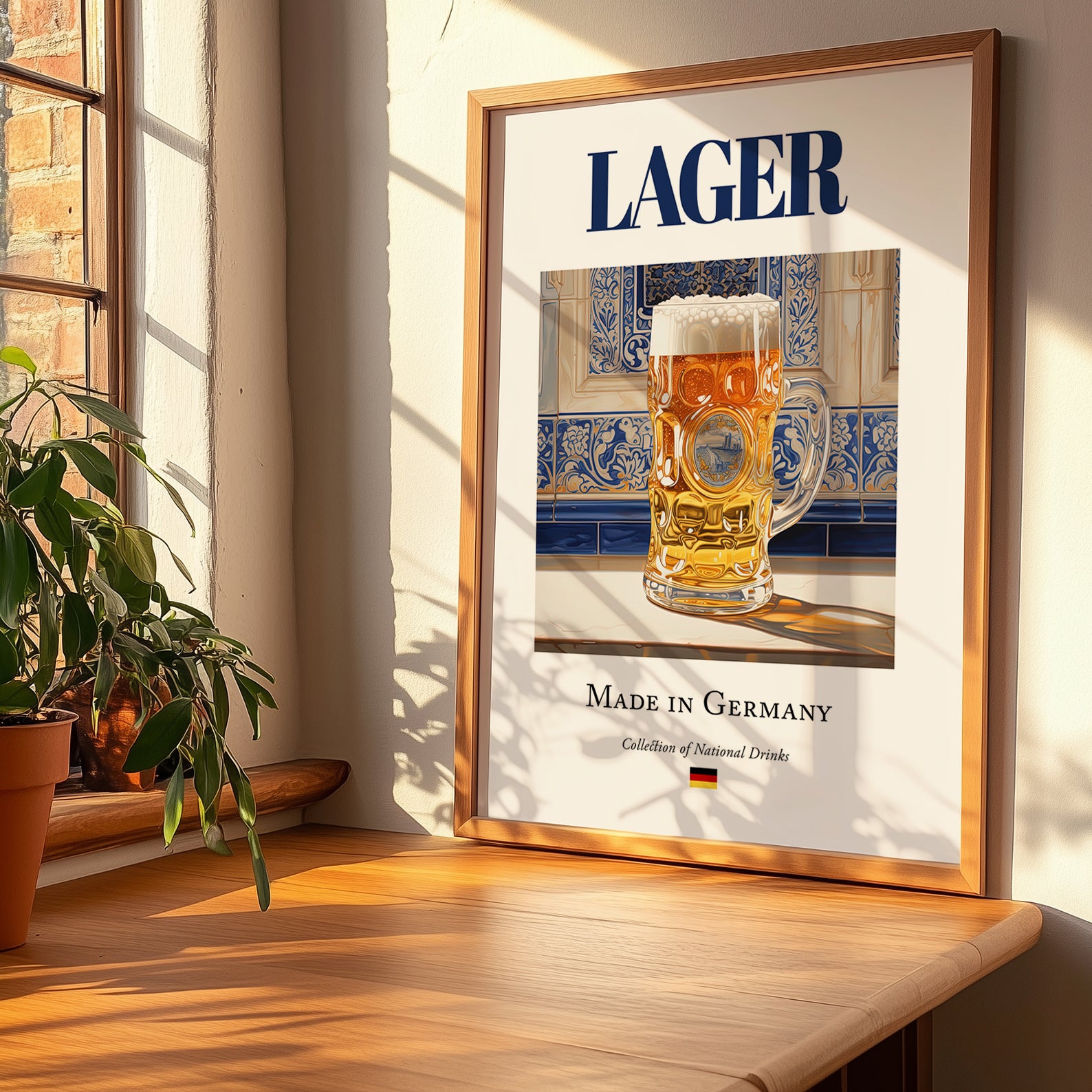 Lager – German Beer, Brauhaus Still Life, no-text version framed in wood
