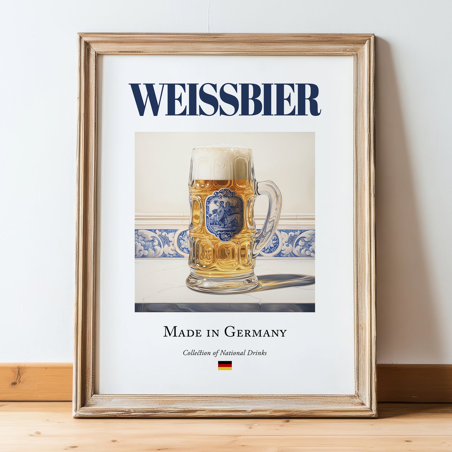 Weissbier – German Beer, Brauhaus Painting, in wooden frame leaning on the floor