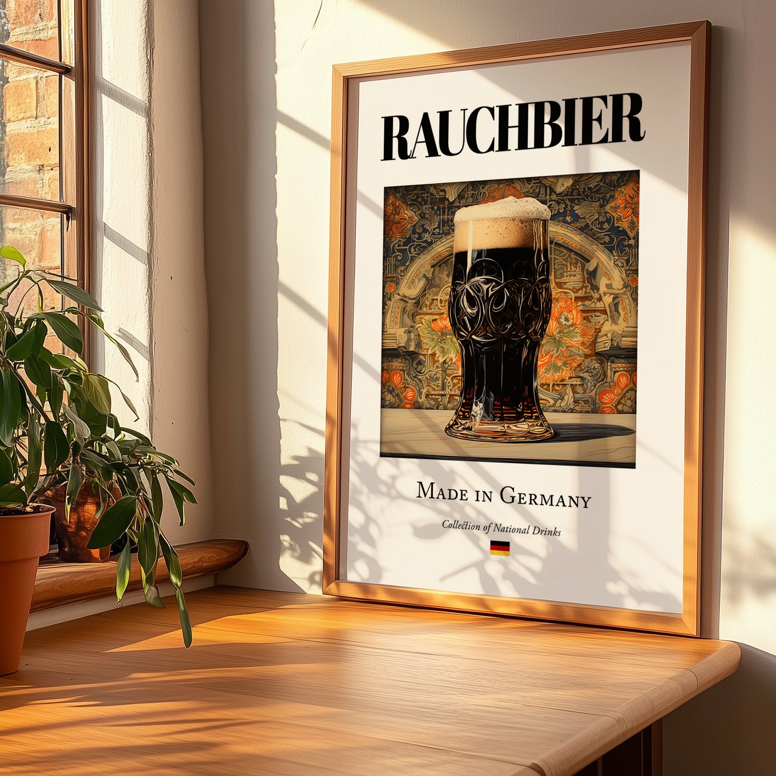 Rauchbier – German Beer, Brauhaus Wall Decor, no-text version framed in wood