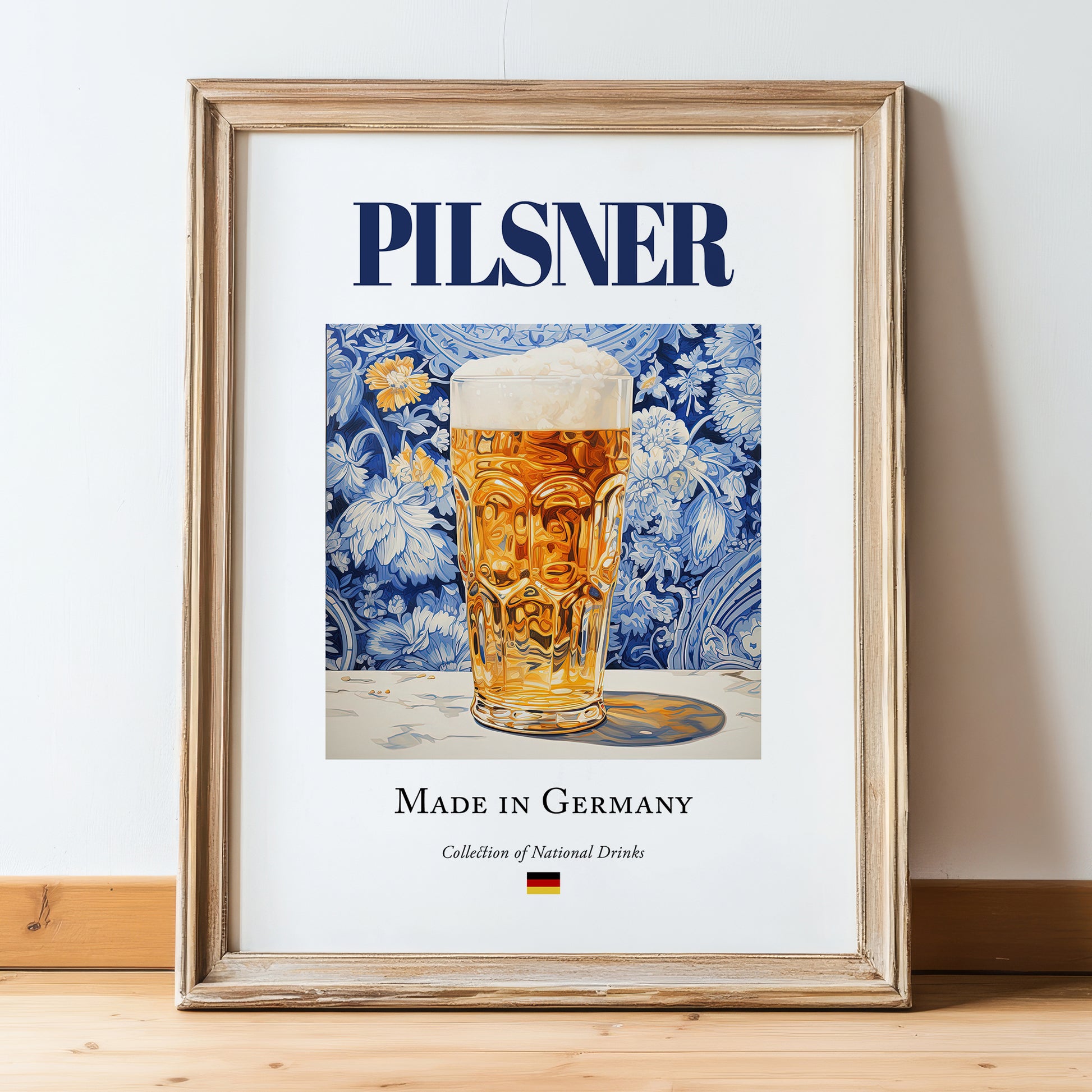 Pilsner – German Beer, Taproom Wall Art, in wooden frame leaning on the floor