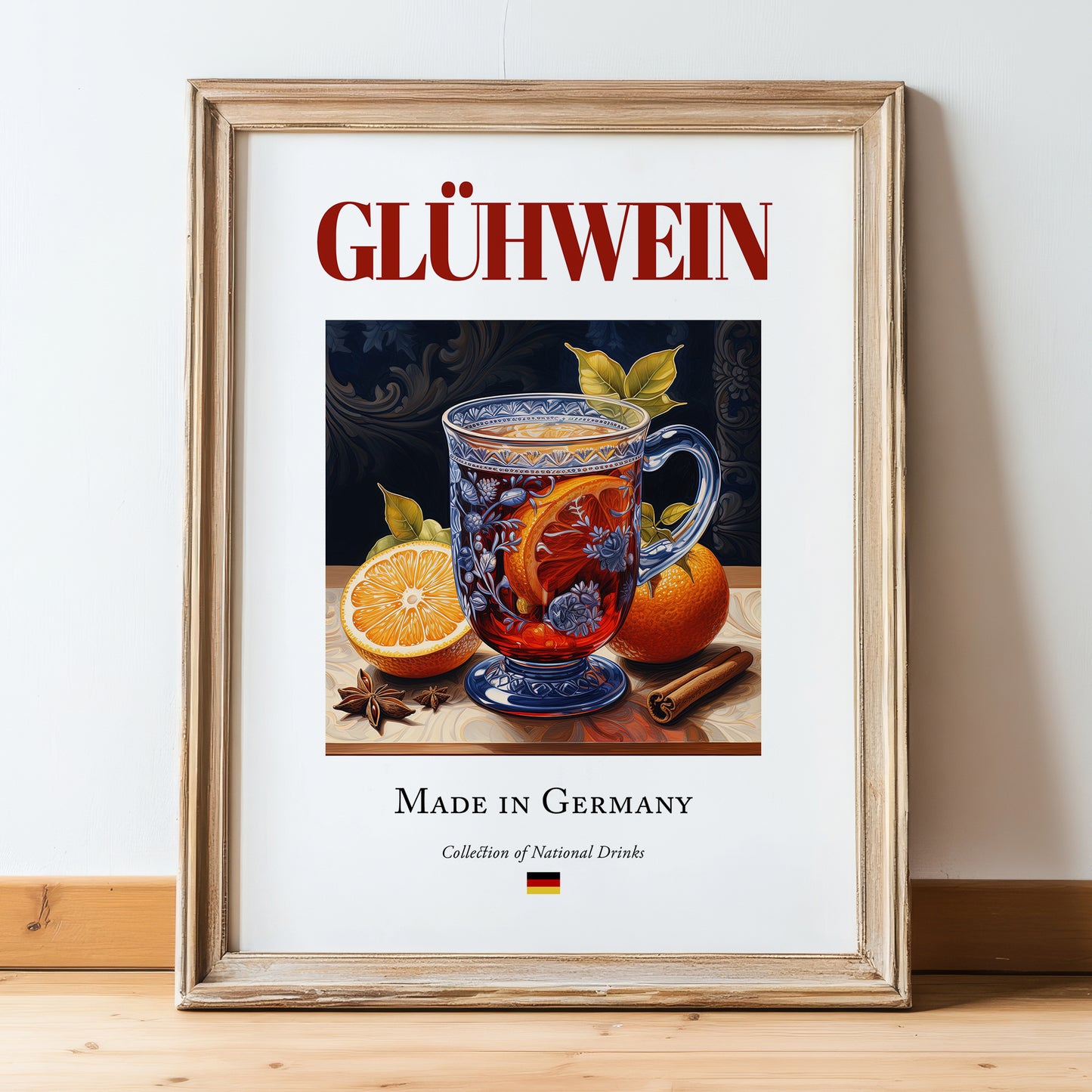 Glühwein – German Beverage Drink, Cocktail Lounge Still Life, in wooden frame leaning on the floor