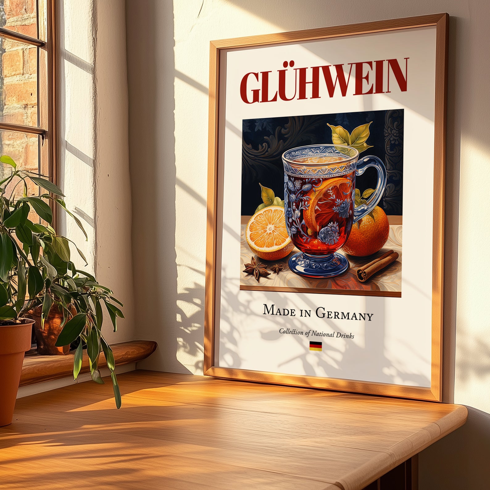 Glühwein – German Beverage Drink, Cocktail Lounge Still Life, no-text version framed in wood