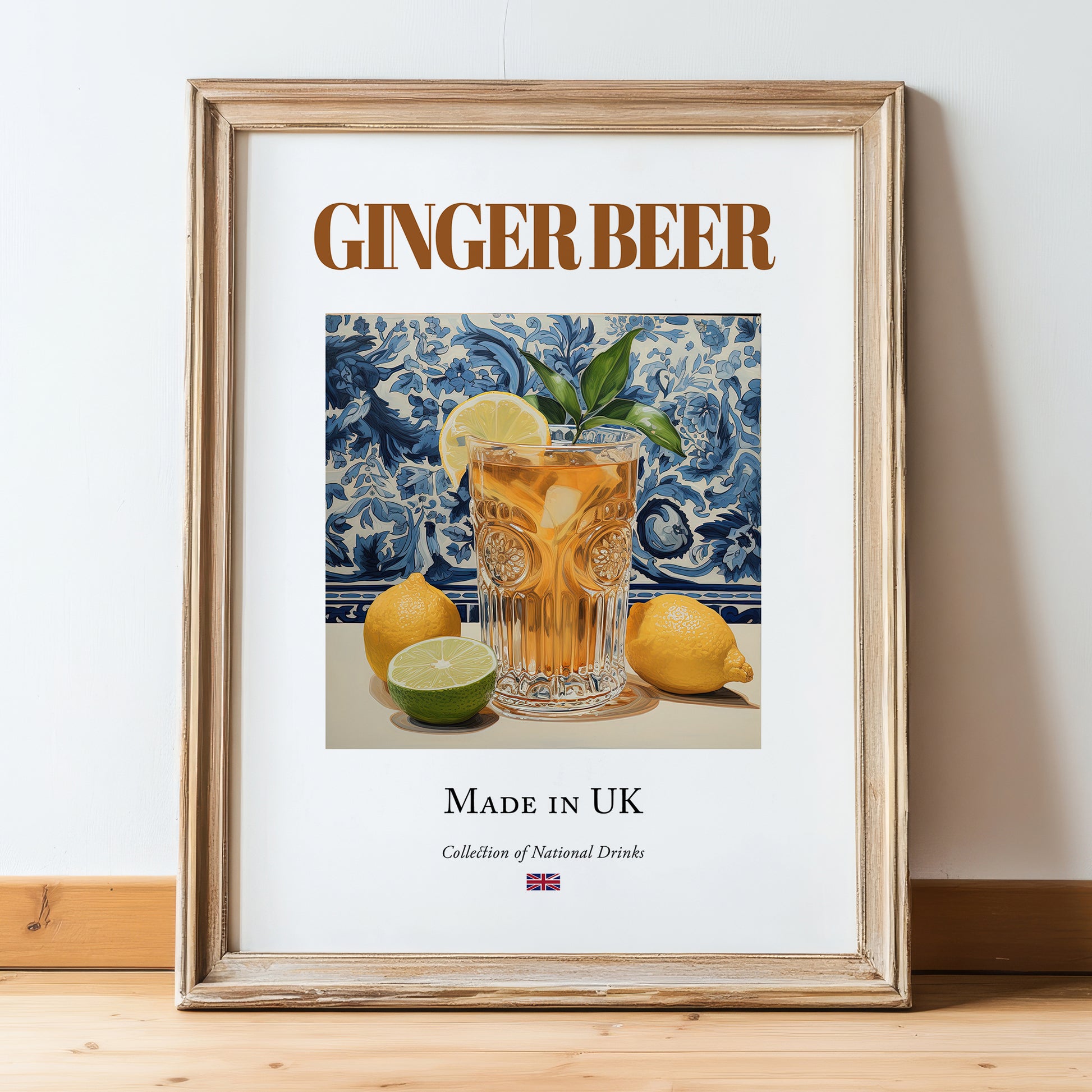 Ginger Beer – English Beverage Drink, Jazz Bar Still Life, in wooden frame leaning on the floor