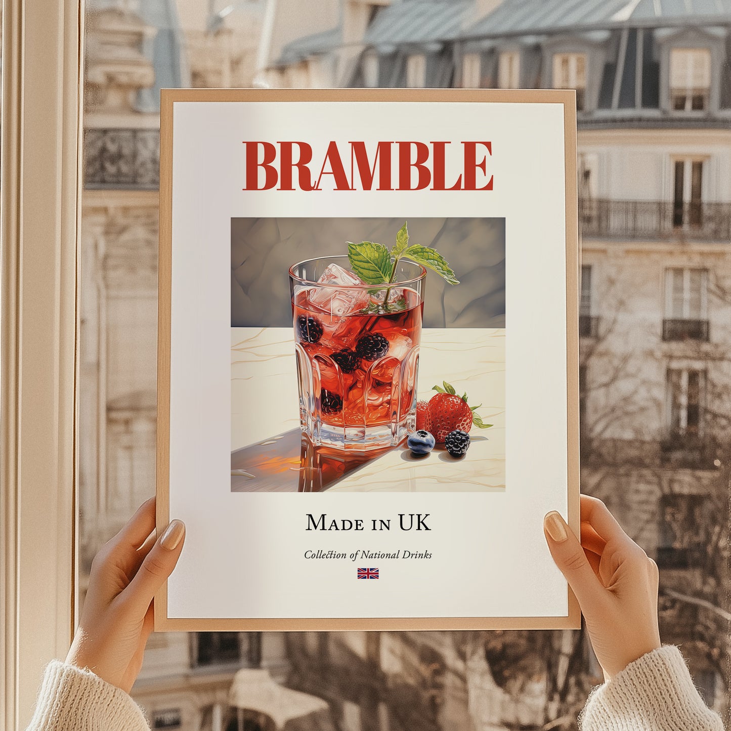 Bramble – English Cocktail Drink, Speakeasy Wall Art, styled in a charming Paris street view