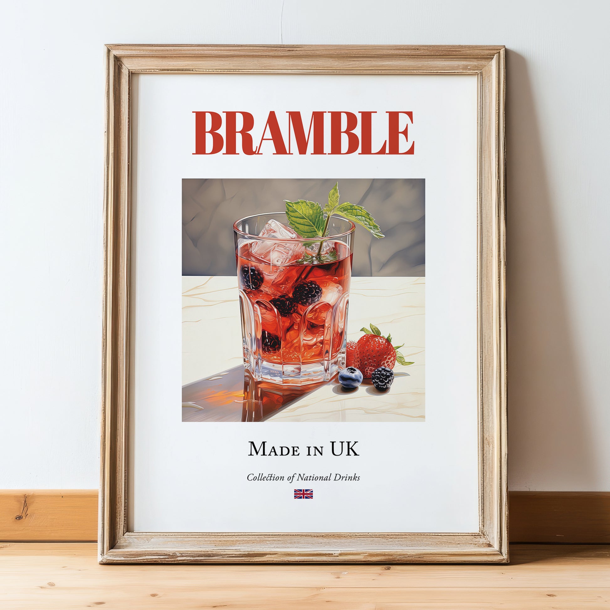 Bramble – English Cocktail Drink, Speakeasy Wall Art, in wooden frame leaning on the floor
