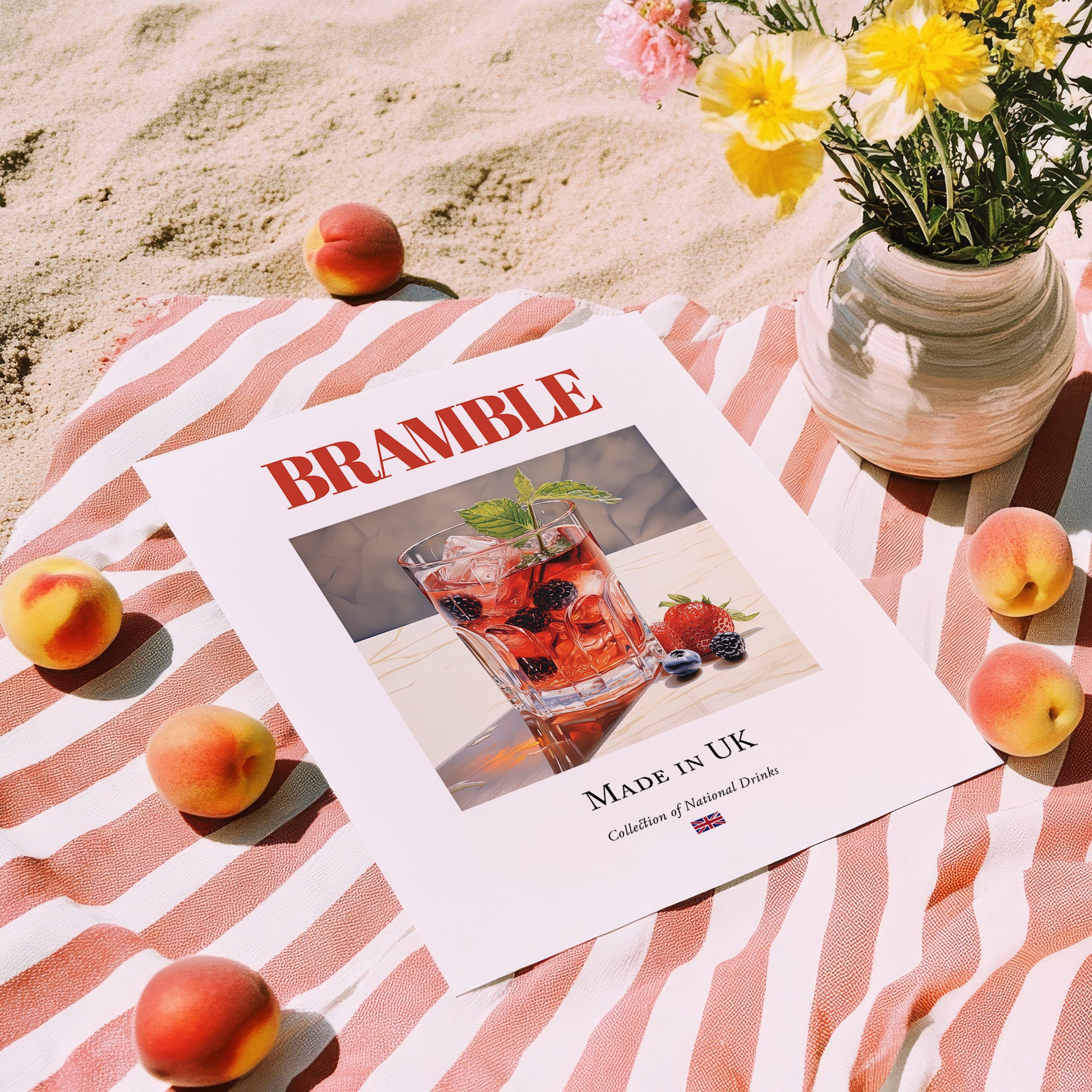 Bramble – English Cocktail Drink, Speakeasy Wall Art, unframed on coastal sand