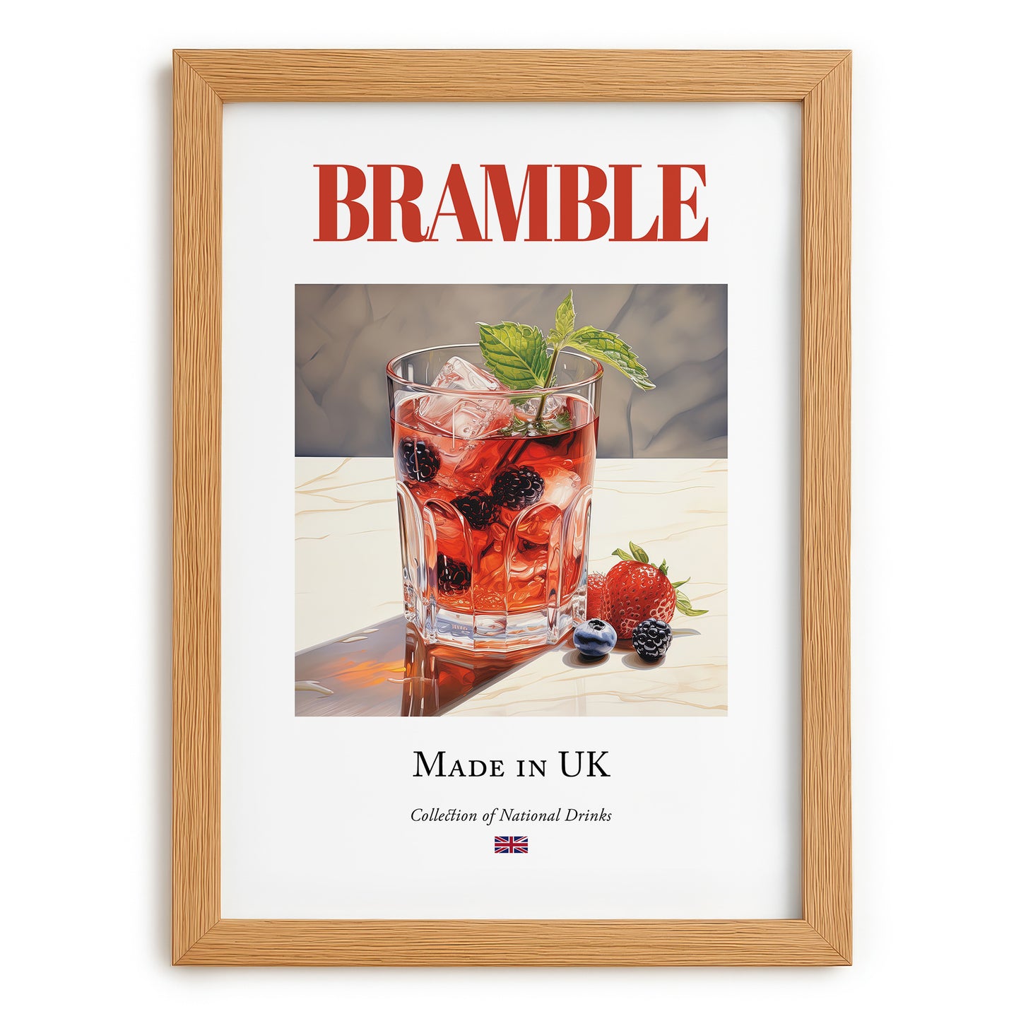 Bramble – English Cocktail Drink, Speakeasy Wall Art, set in oak frame