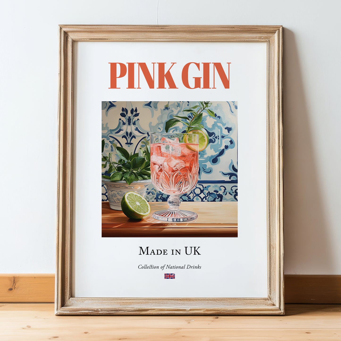 Pink Gin – English Cocktail Drink, Speakeasy Wall Decor, in wooden frame leaning on the floor