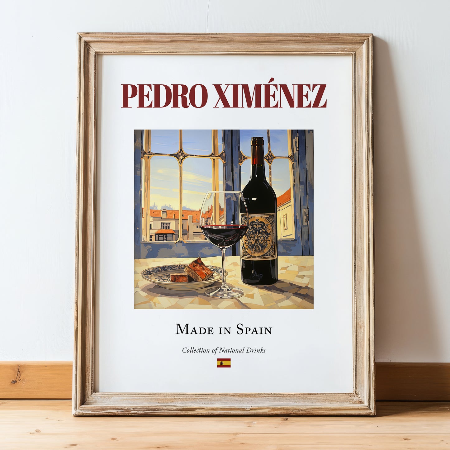 Pedro Ximénez – Spanish Dessert Wine, Tasting Room Wall Decor, in wooden frame leaning on the floor