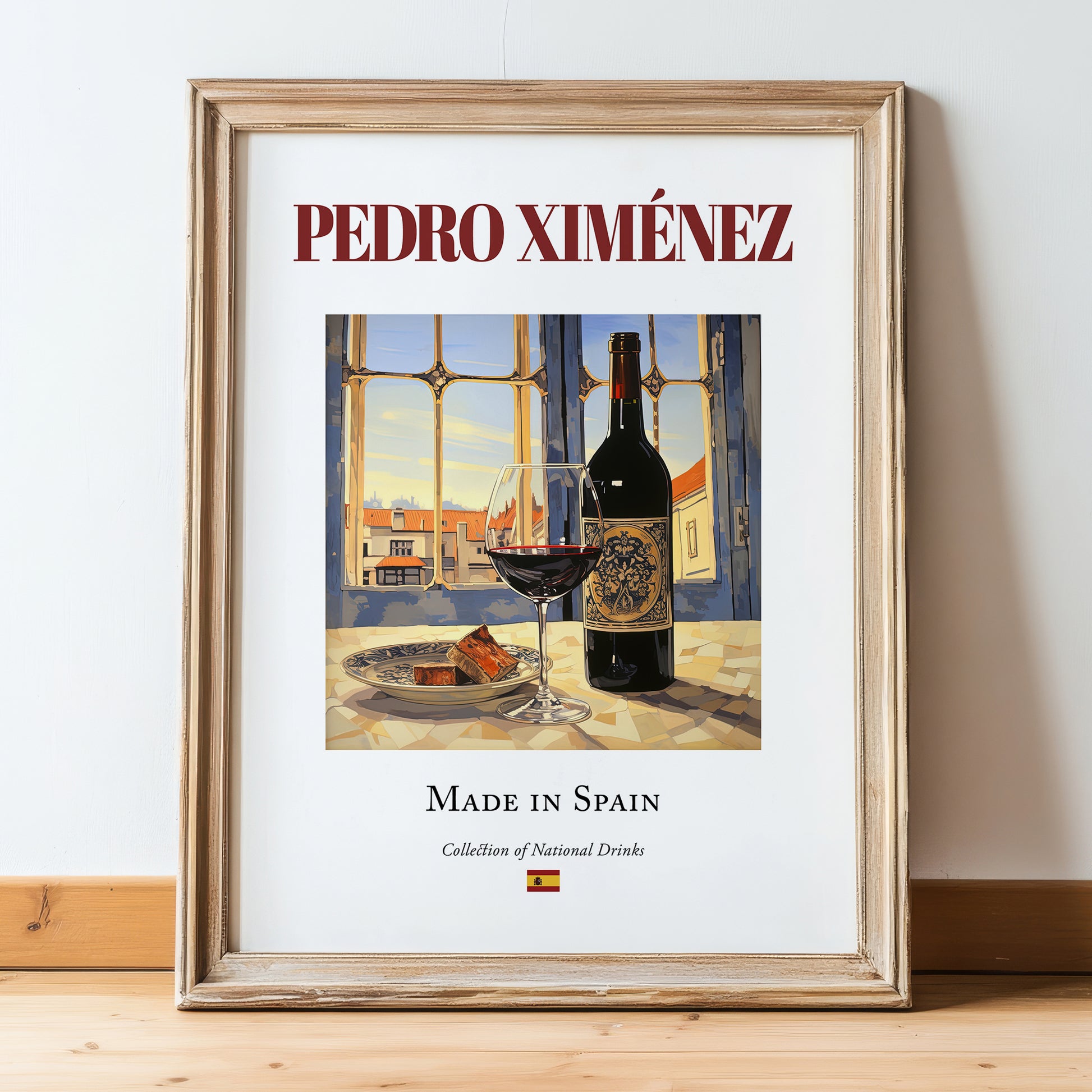 Pedro Ximénez – Spanish Dessert Wine, Tasting Room Wall Decor, in wooden frame leaning on the floor