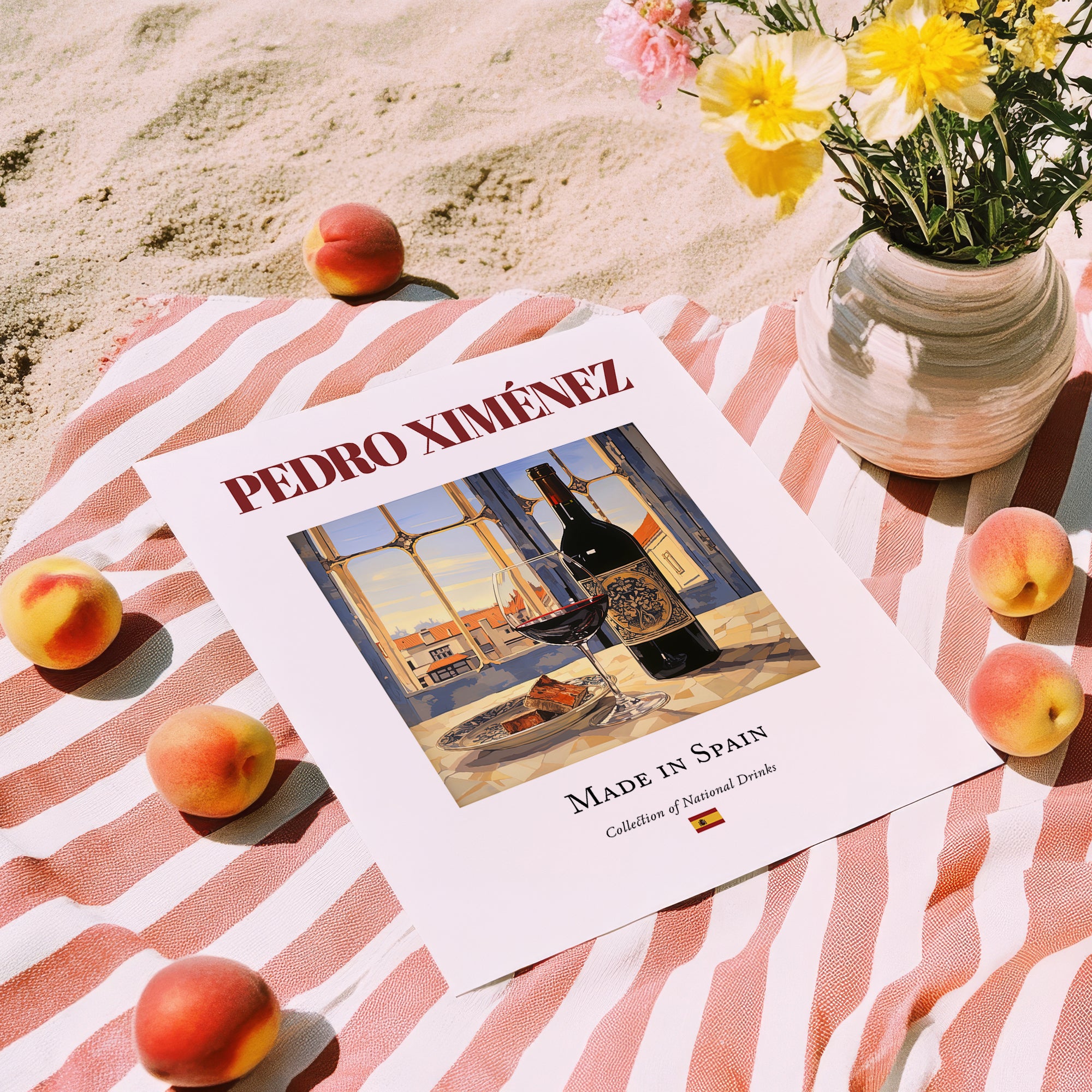 Pedro Ximénez – Spanish Dessert Wine, Tasting Room Wall Decor, unframed on coastal sand