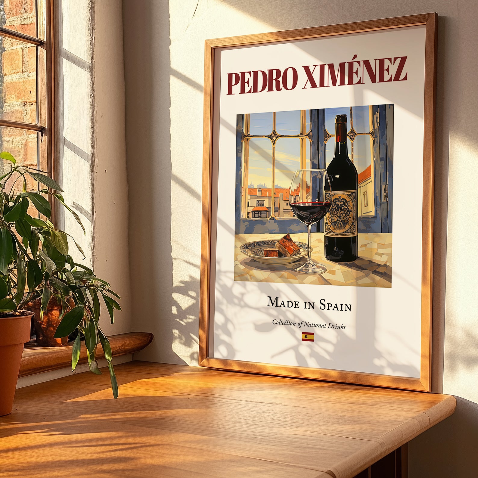 Pedro Ximénez – Spanish Dessert Wine, Tasting Room Wall Decor, no-text version framed in wood