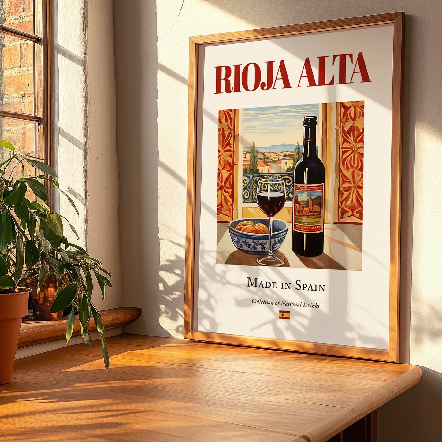 Rioja Alta – Spanish Red Wine, Bodega Poster, no-text version framed in wood