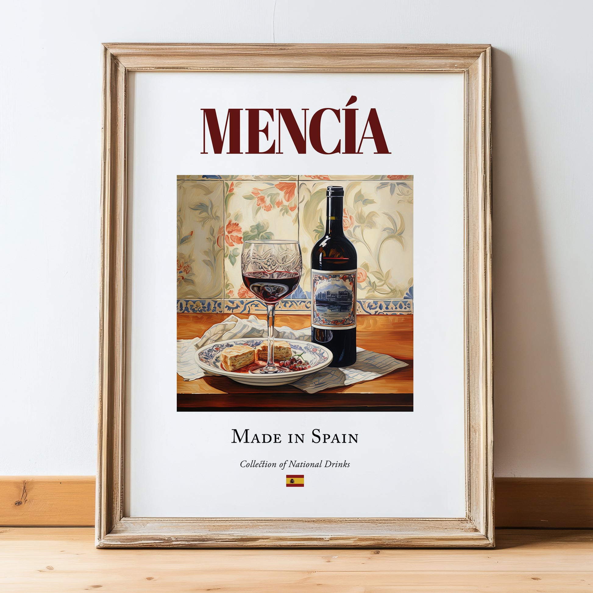 Mencía – Spanish Red Wine, Wine Bar Poster, in wooden frame leaning on the floor