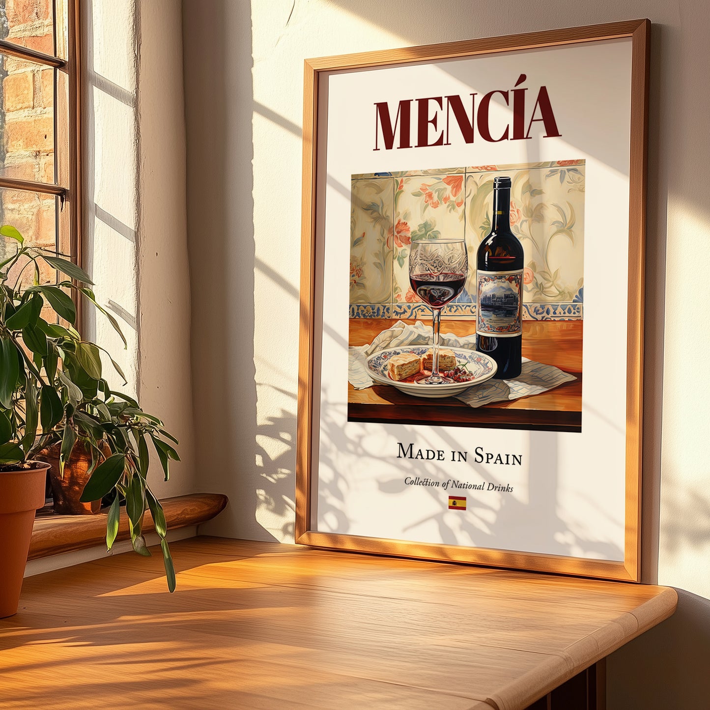 Mencía – Spanish Red Wine, Wine Bar Poster, no-text version framed in wood