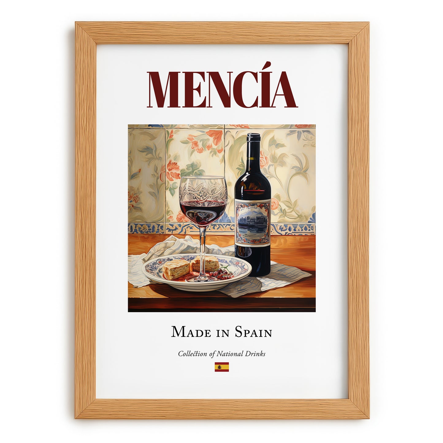 Mencía – Spanish Red Wine, Wine Bar Poster, set in oak frame
