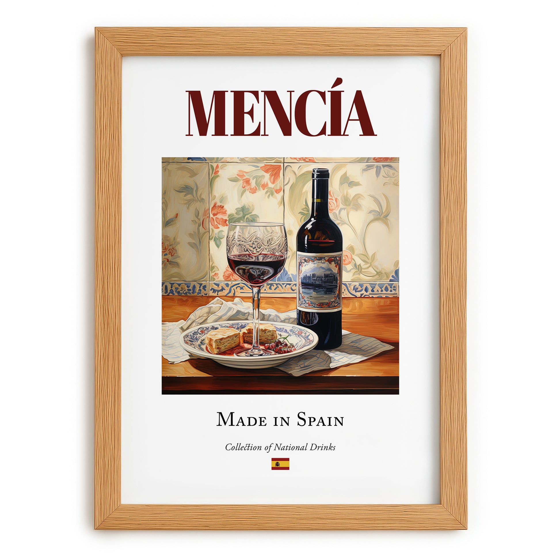 Mencía – Spanish Red Wine, Wine Bar Poster, set in oak frame