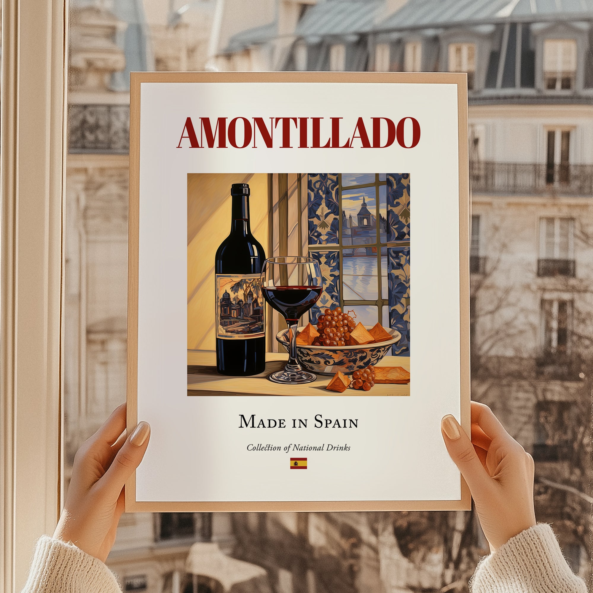 Amontillado – Spanish Dessert Wine, Wine Bar Poster, styled in a charming Paris street view