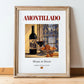 Amontillado – Spanish Dessert Wine, Wine Bar Poster, in wooden frame leaning on the floor