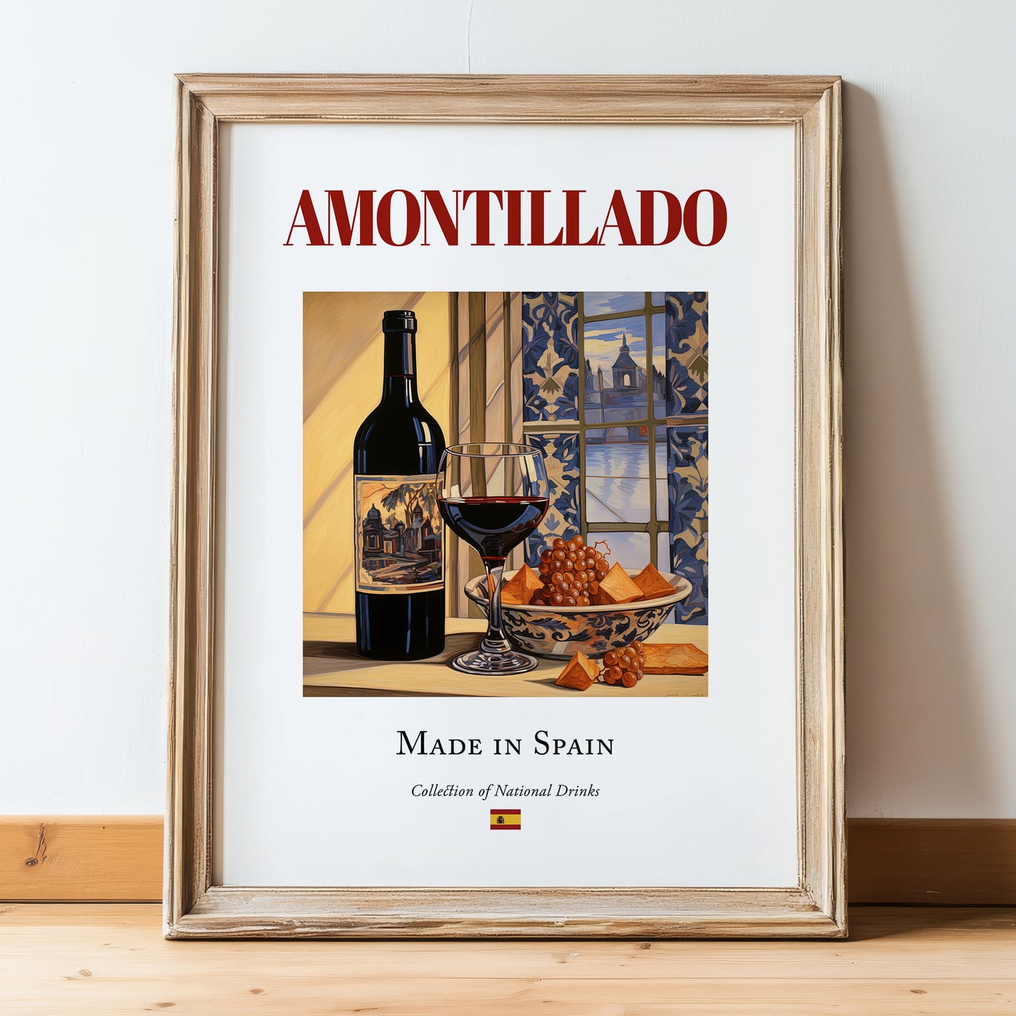 Amontillado – Spanish Dessert Wine, Wine Bar Poster, in wooden frame leaning on the floor