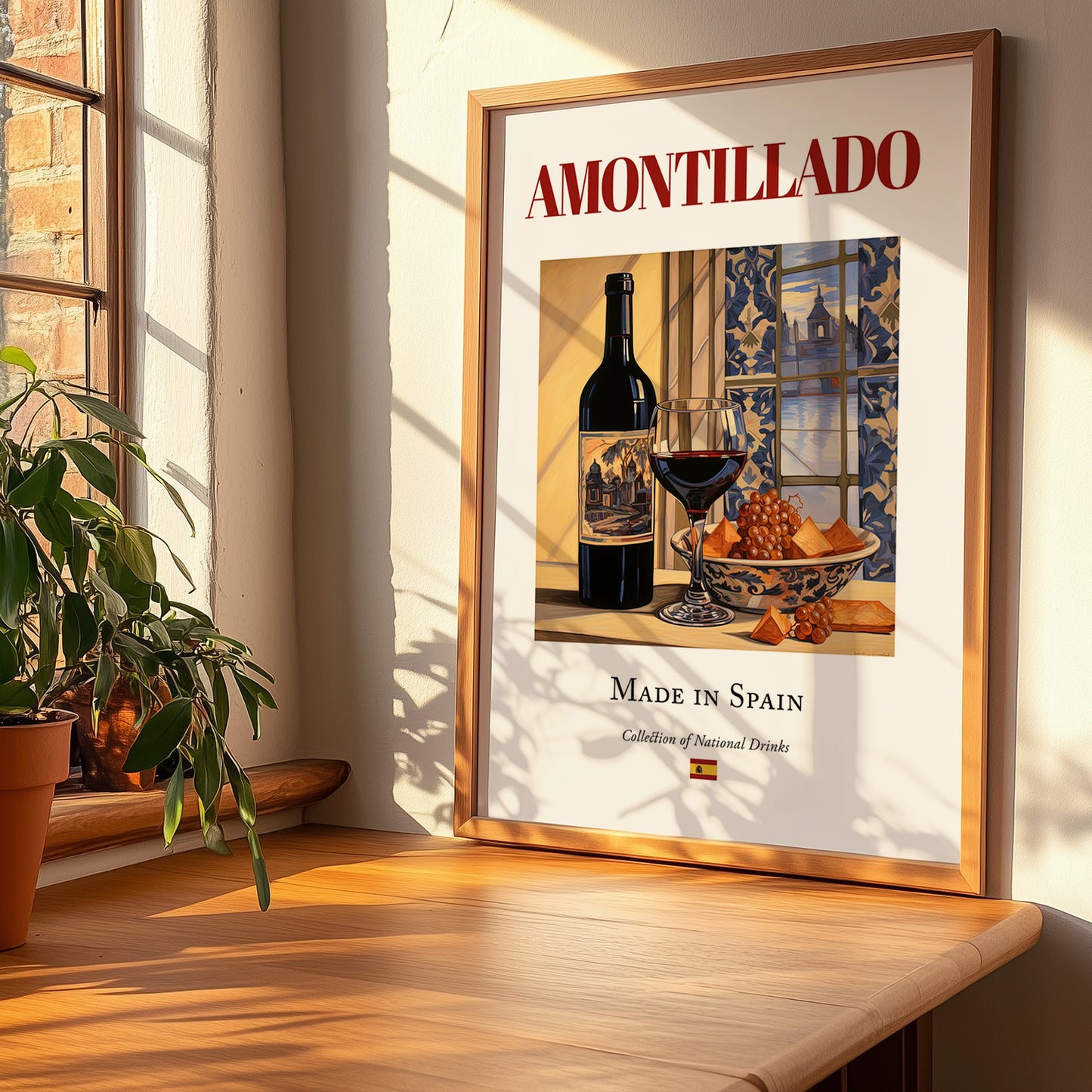 Amontillado – Spanish Dessert Wine, Wine Bar Poster, no-text version framed in wood